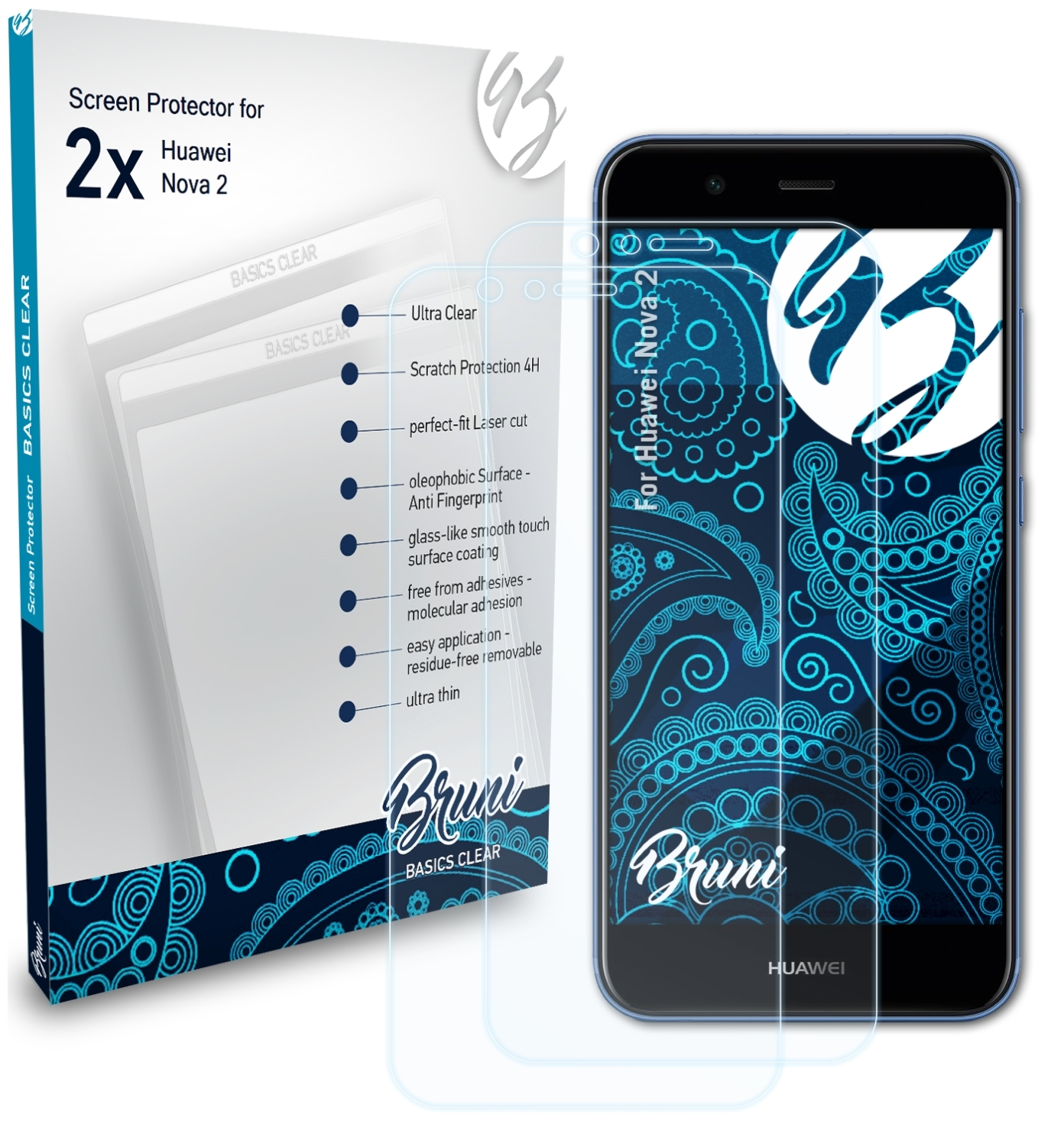BRUNI 2x Basics-Clear Schutzfolie(für Huawei 2) Nova