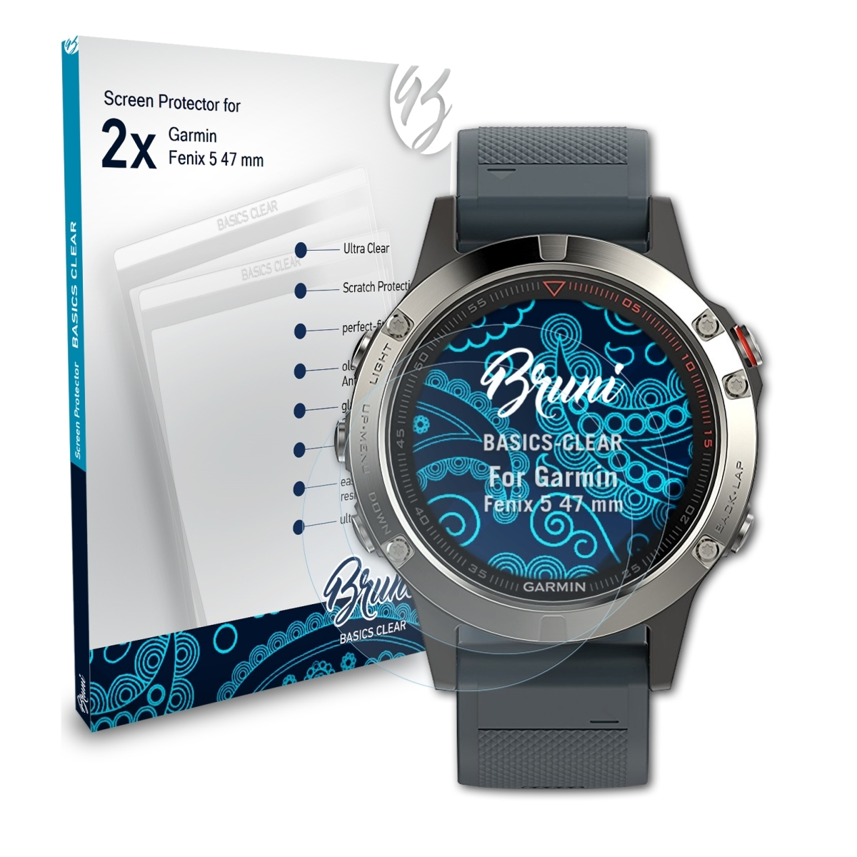 BRUNI 2x Garmin Basics-Clear (47 mm)) Fenix 5 Schutzfolie(für