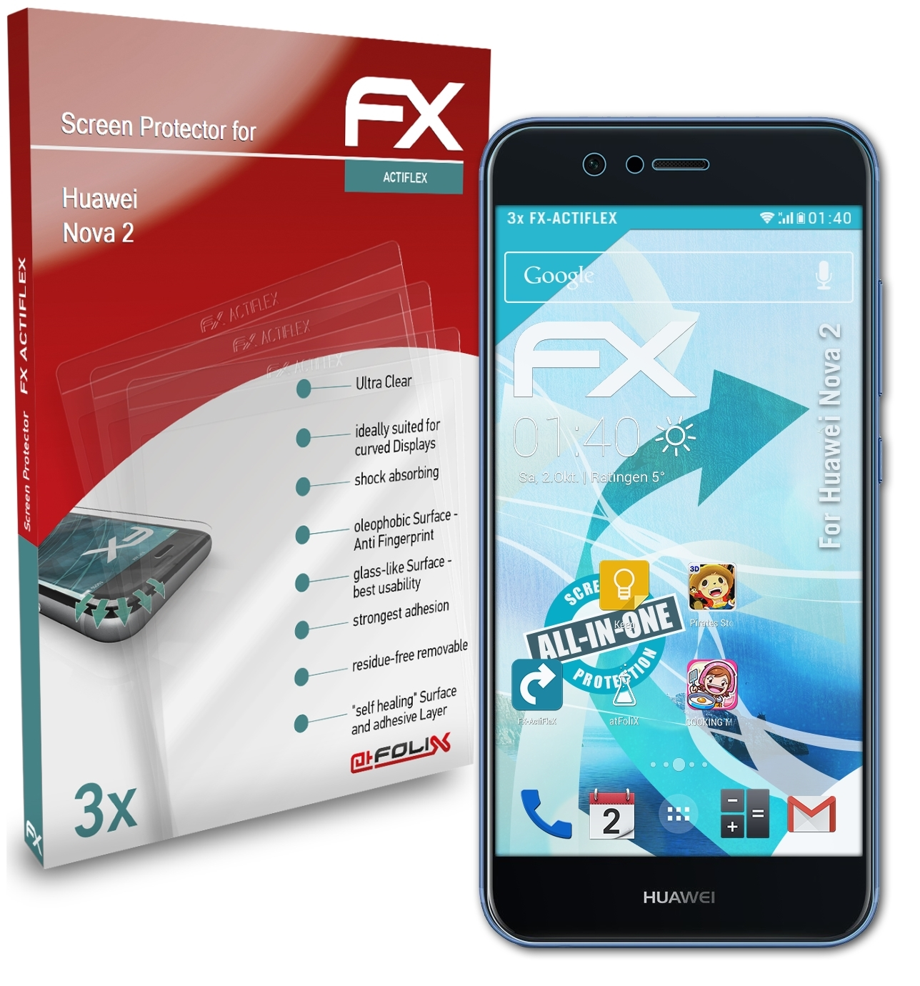 2) 3x FX-ActiFleX Nova Huawei ATFOLIX Displayschutz(für