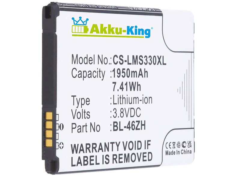 AKKU-KING Akku kompatibel Handy-Akku, 3.8 BL-46ZH LG mit Li-Ion 1950mAh Volt