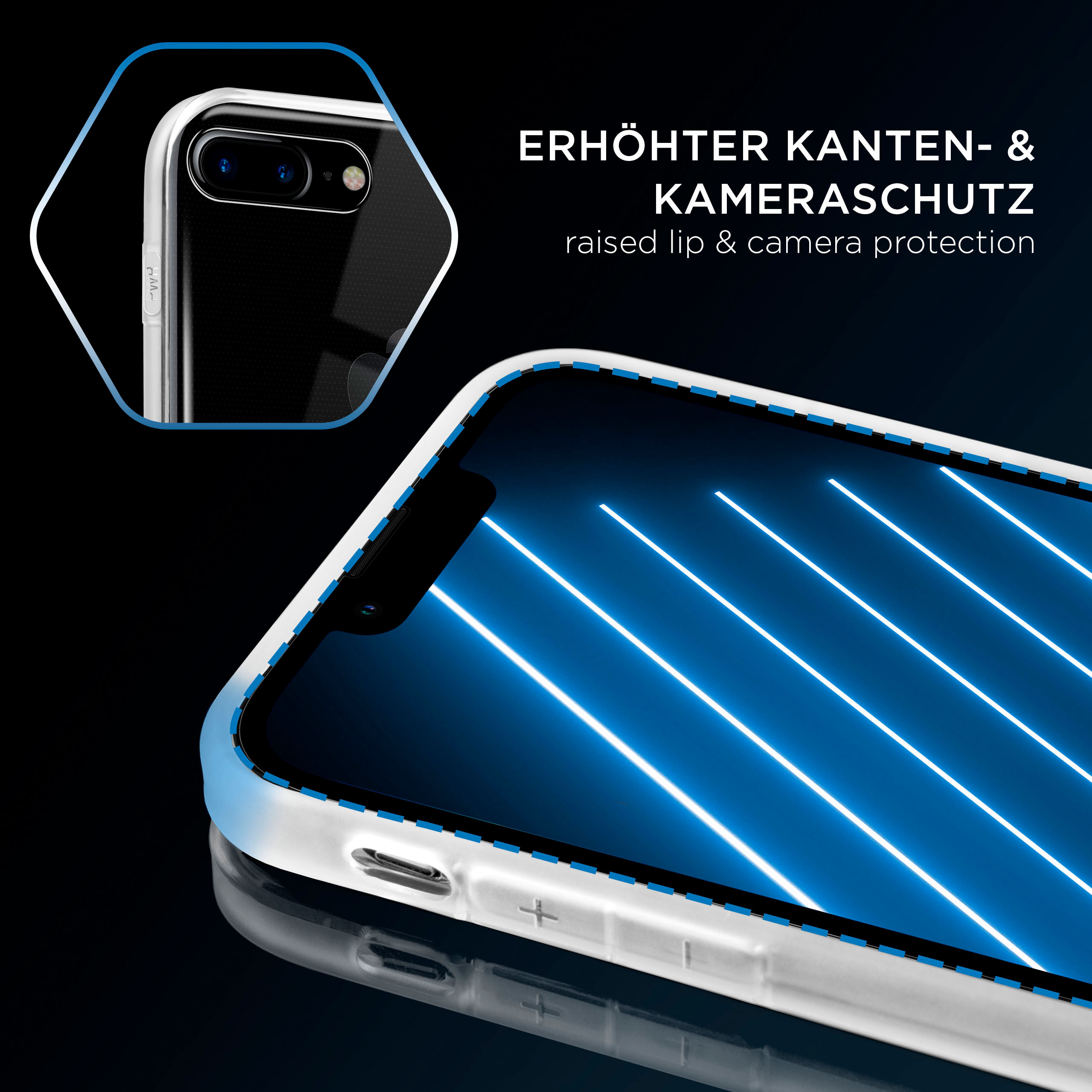Ein Telefonbildschirm mit blauen Linien, in einer transparenten Hülle. Text: "erhöhter Lippen- und Kameraschutz".