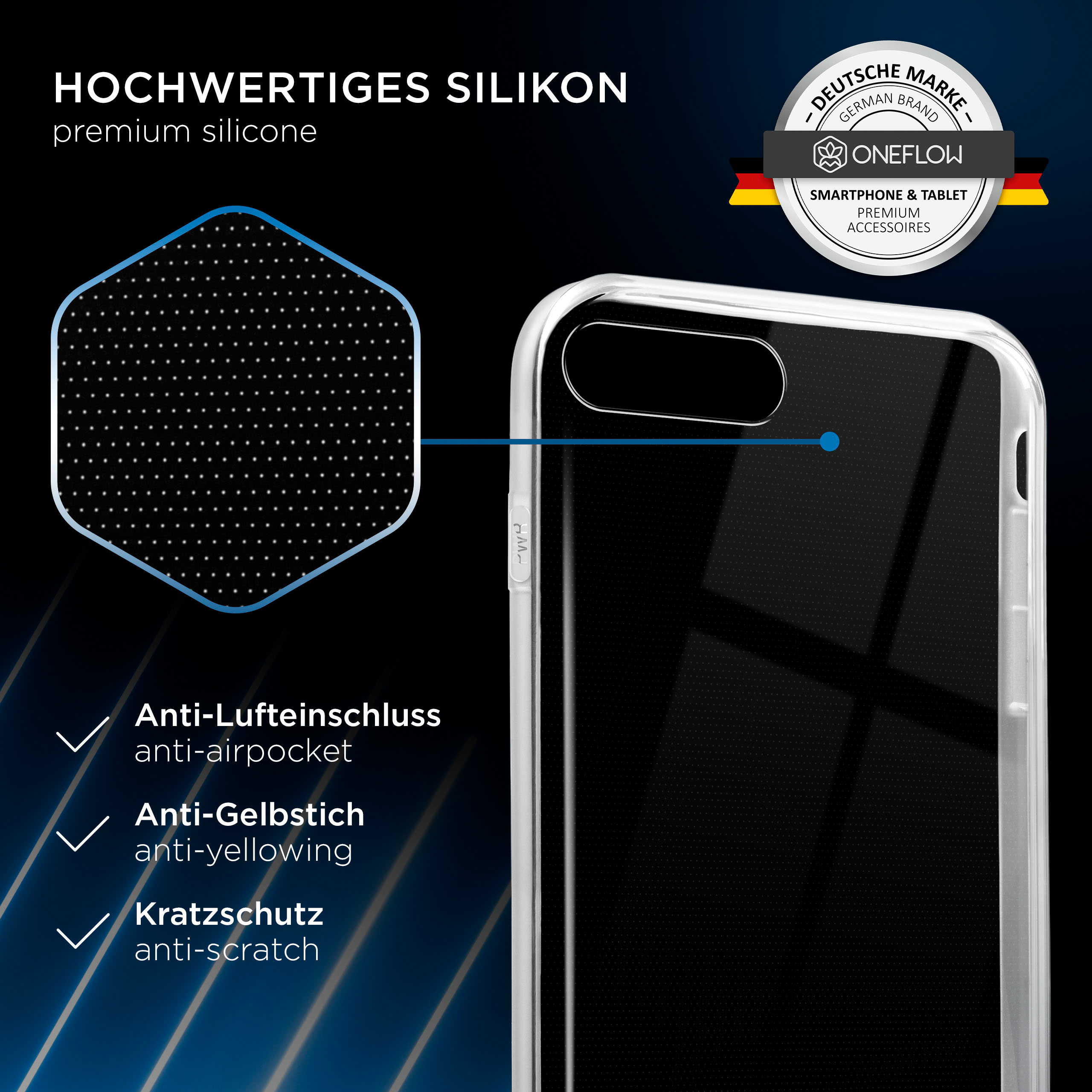 Transparente Handyhülle mit Anti-Kratz-Eigenschaften auf dunklem Hintergrund.