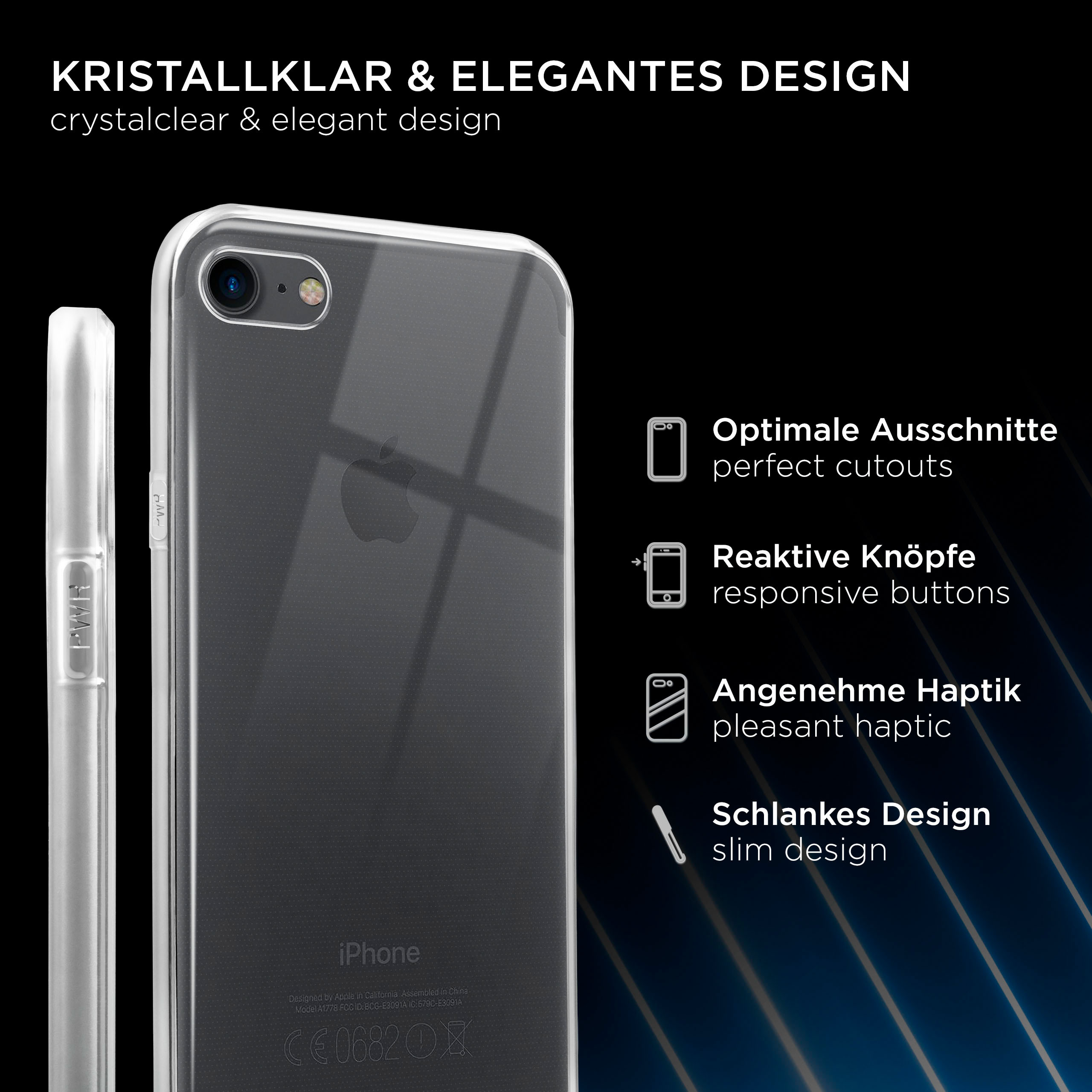 Eine transparente Handyhülle auf einem schwarzen iPhone. Text: "Optimate Ausschnitte, Reaktive Knöpfe".