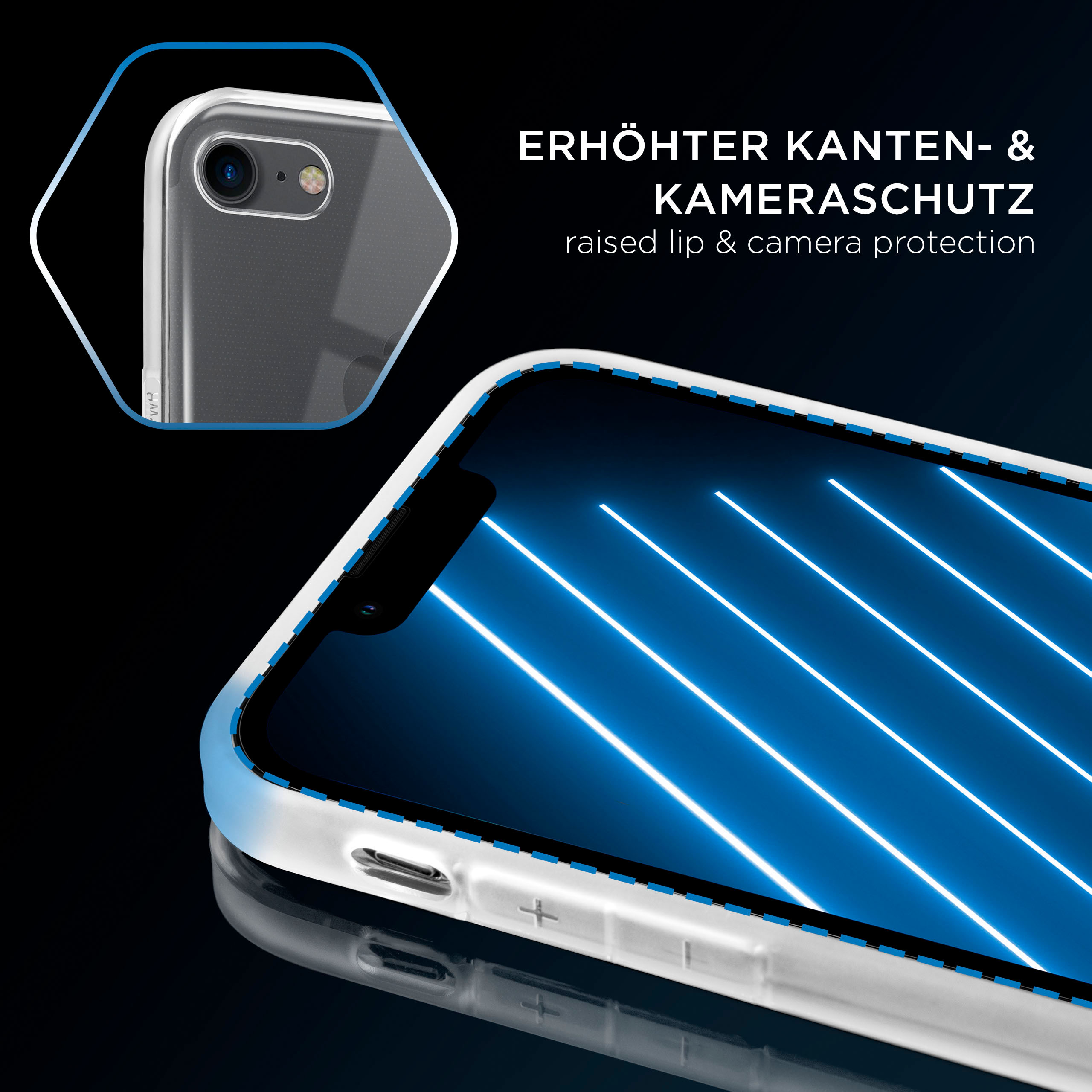 Handyhülle mit erhöhten Kanten und Kameraschutz. Schwarzer Hintergrund.