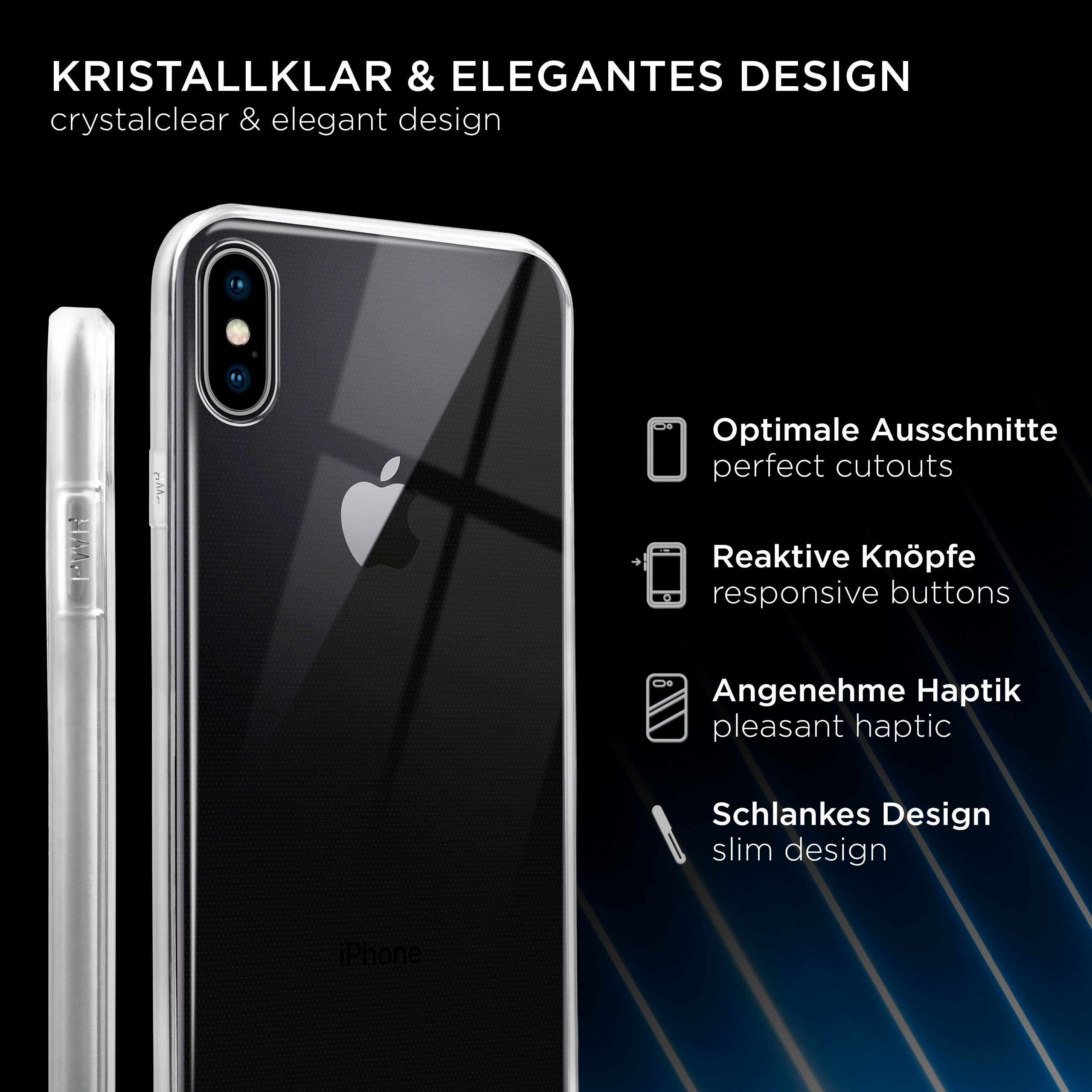 Eine transparente iPhone-Hülle wird mit weißem Text gezeigt. Sie befindet sich neben einer transparenten Hülle und das Telefon befindet sich in der Hülle.
