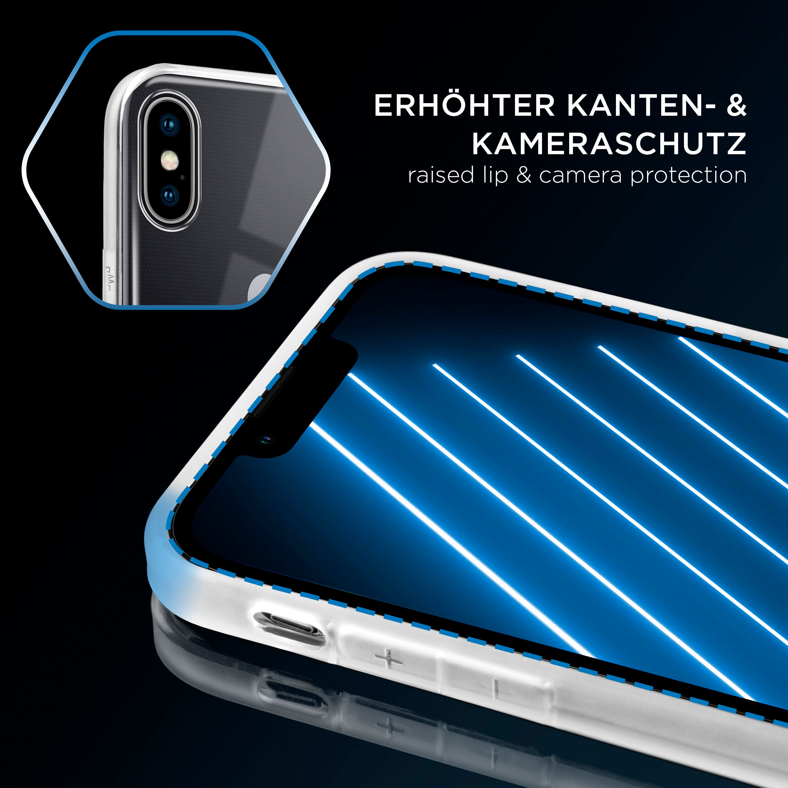 Telefon in Hülle mit erhöhtem Rand und Kameraschutz, auf schwarzem Hintergrund.