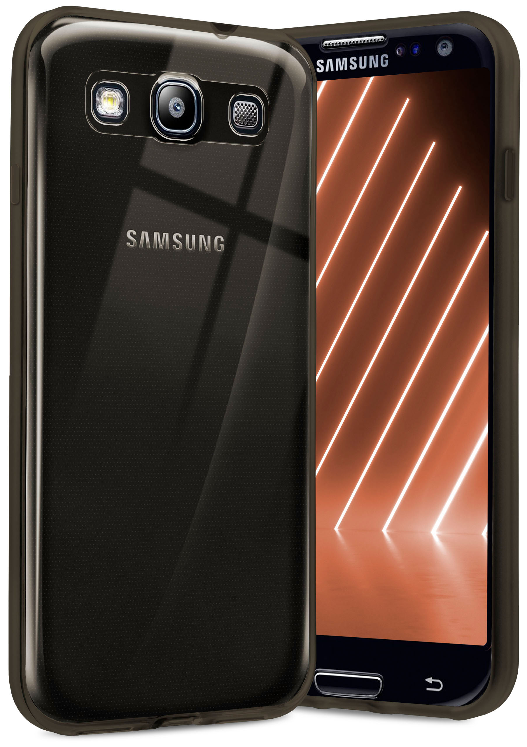 Schwarzes Telefon mit Hülle. Das Telefon zeigt eine Neonlichtanzeige.