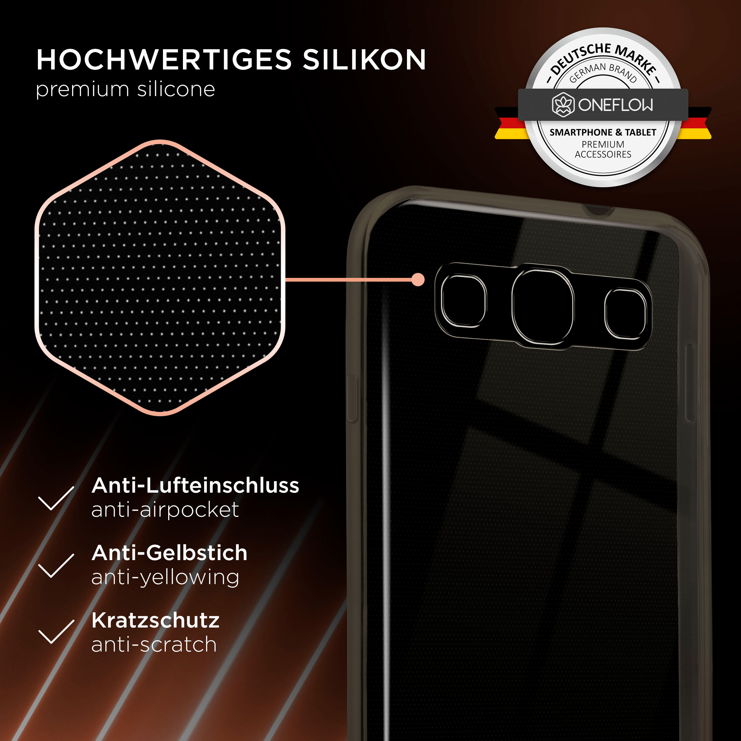 Nahaufnahme einer Handyhülle. Sie hat das Markenlogo und Text über Silikon und Schutz.