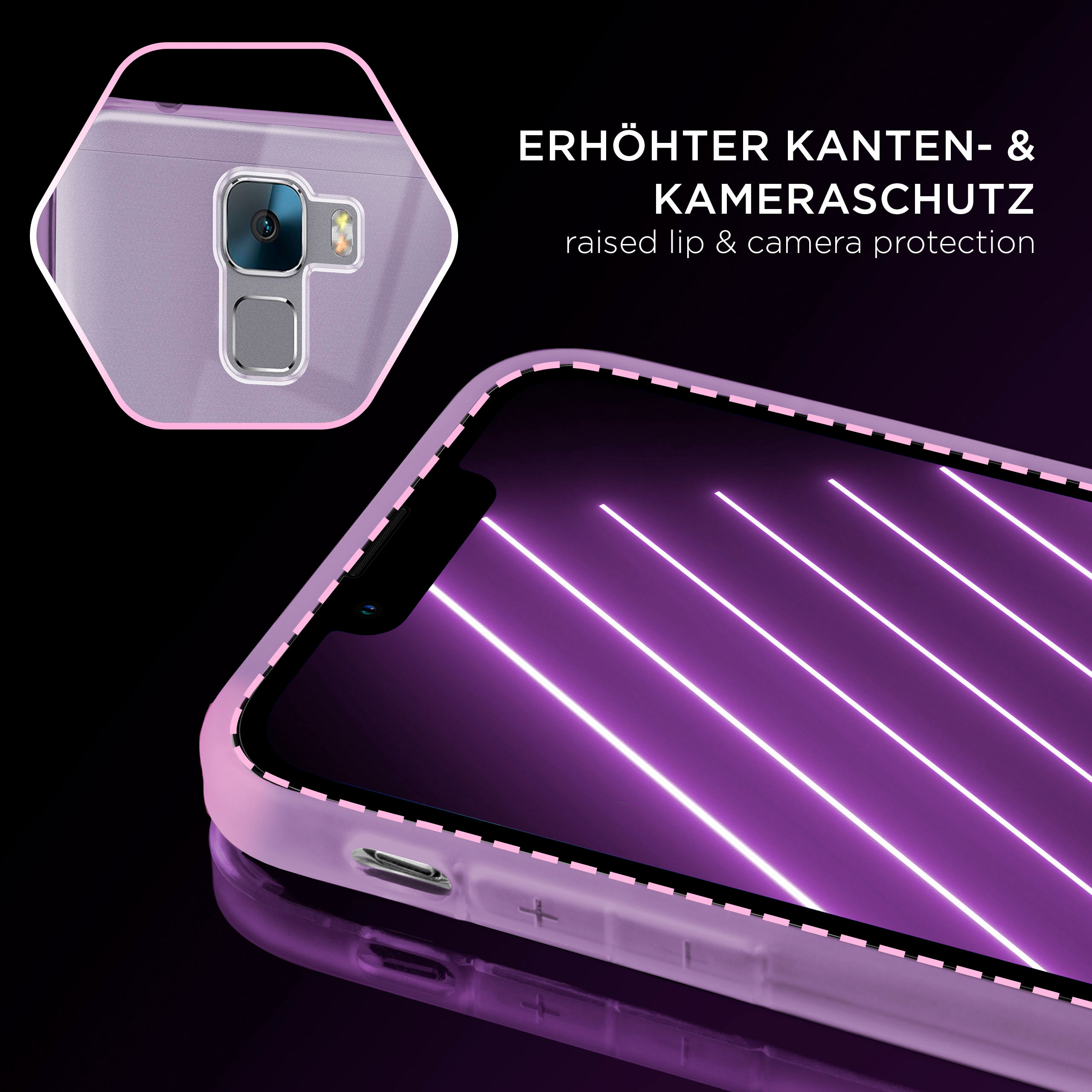 Ein Telefon mit lila Hülle und hellem neonlila Licht auf schwarzem Untergrund.