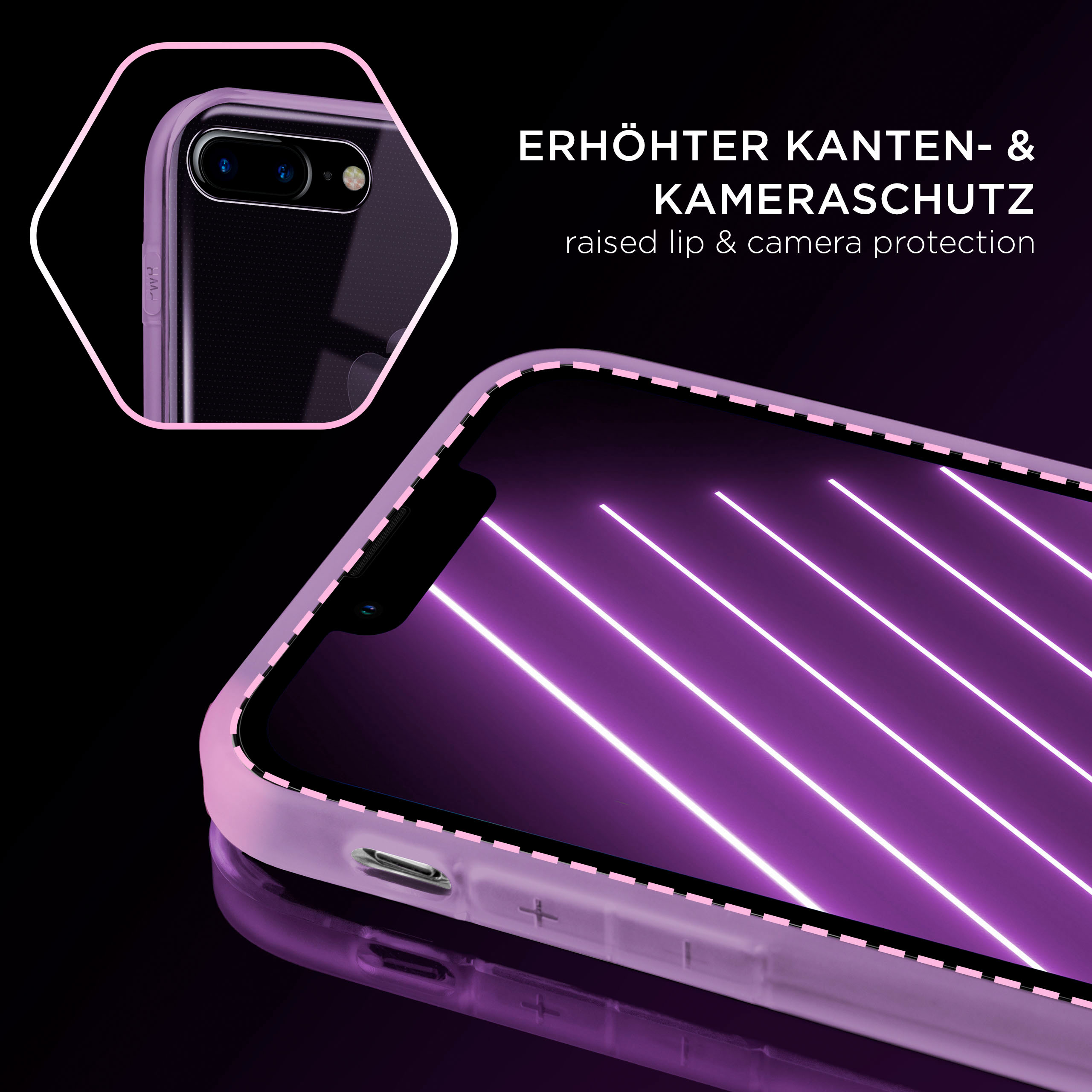 Lilafarbene Handyhülle mit erhöhtem Rand und Kameraschutz. Das Telefon ist innen sichtbar.