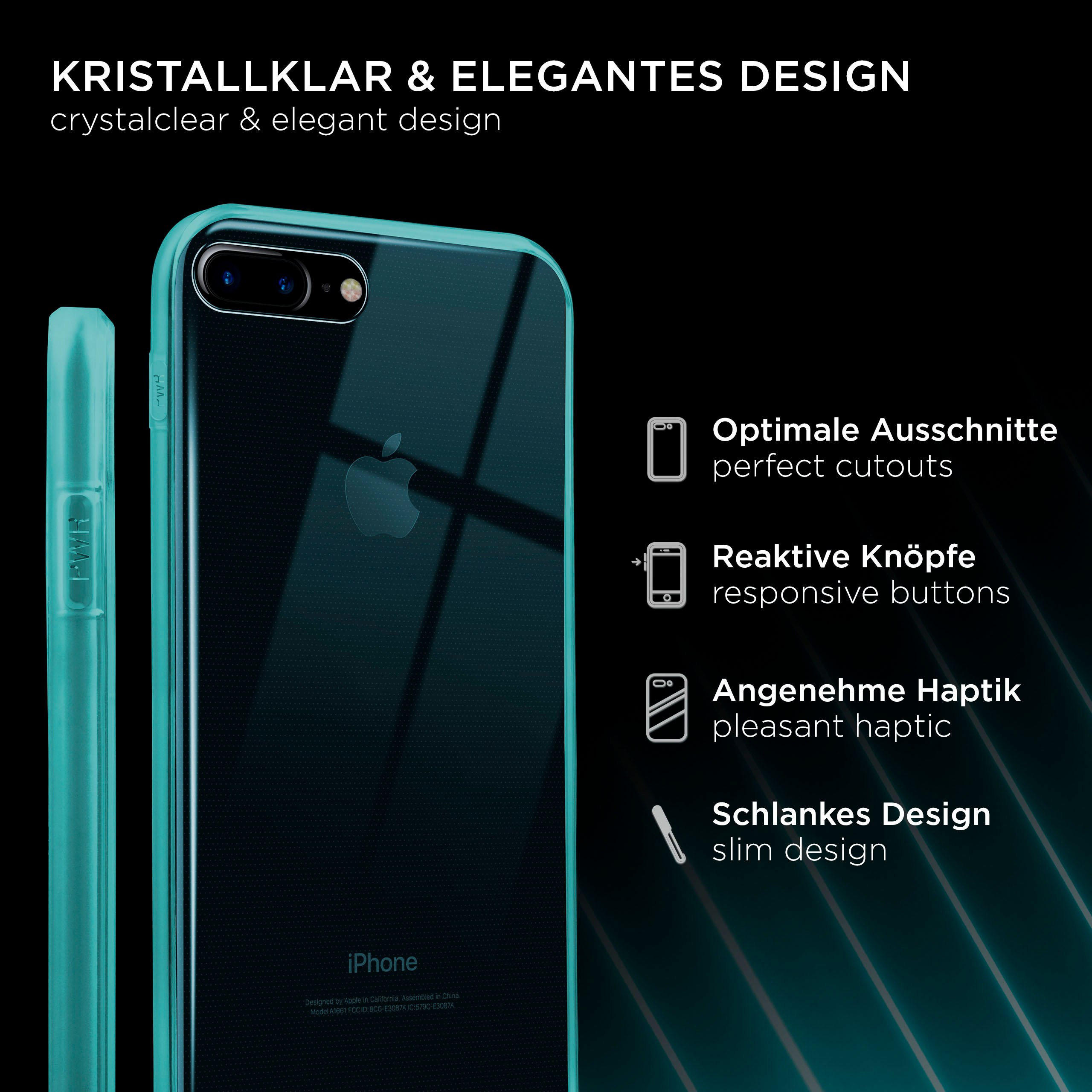 Eine Handyhülle mit Telefon, Details und Text auf türkisem Hintergrund.