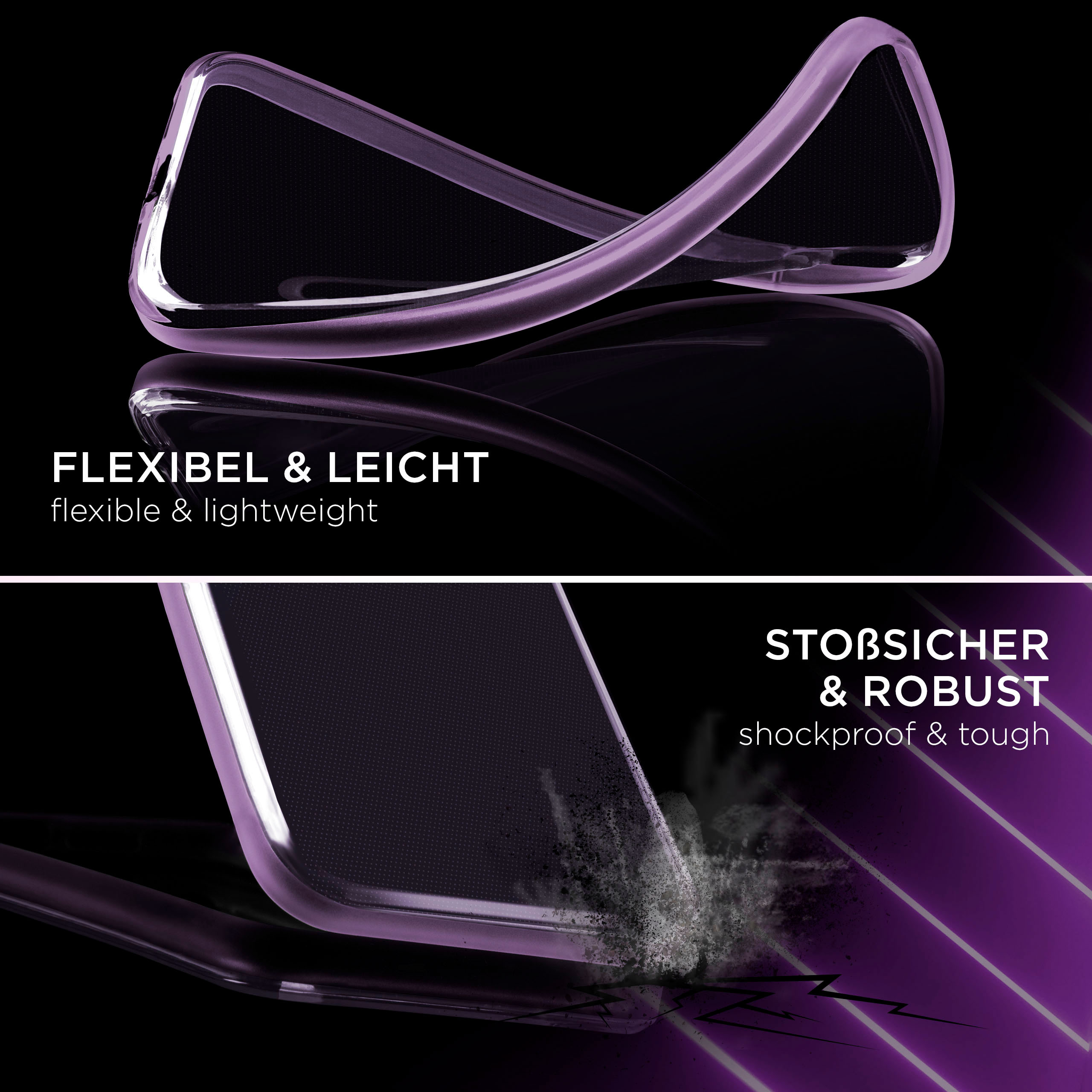 Eine Handyhülle wird gebogen. Text lautet "flexibel & leicht" und "stoßfest & robust".