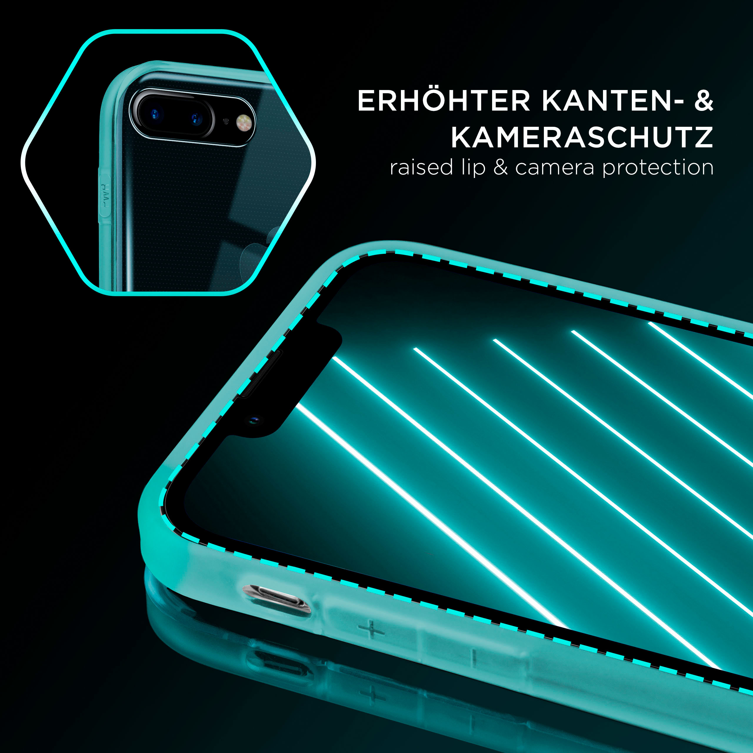 Ein Telefon mit türkisfarbener Hülle und helltürkisfarbener Neonlichtanzeige auf schwarzem Untergrund.