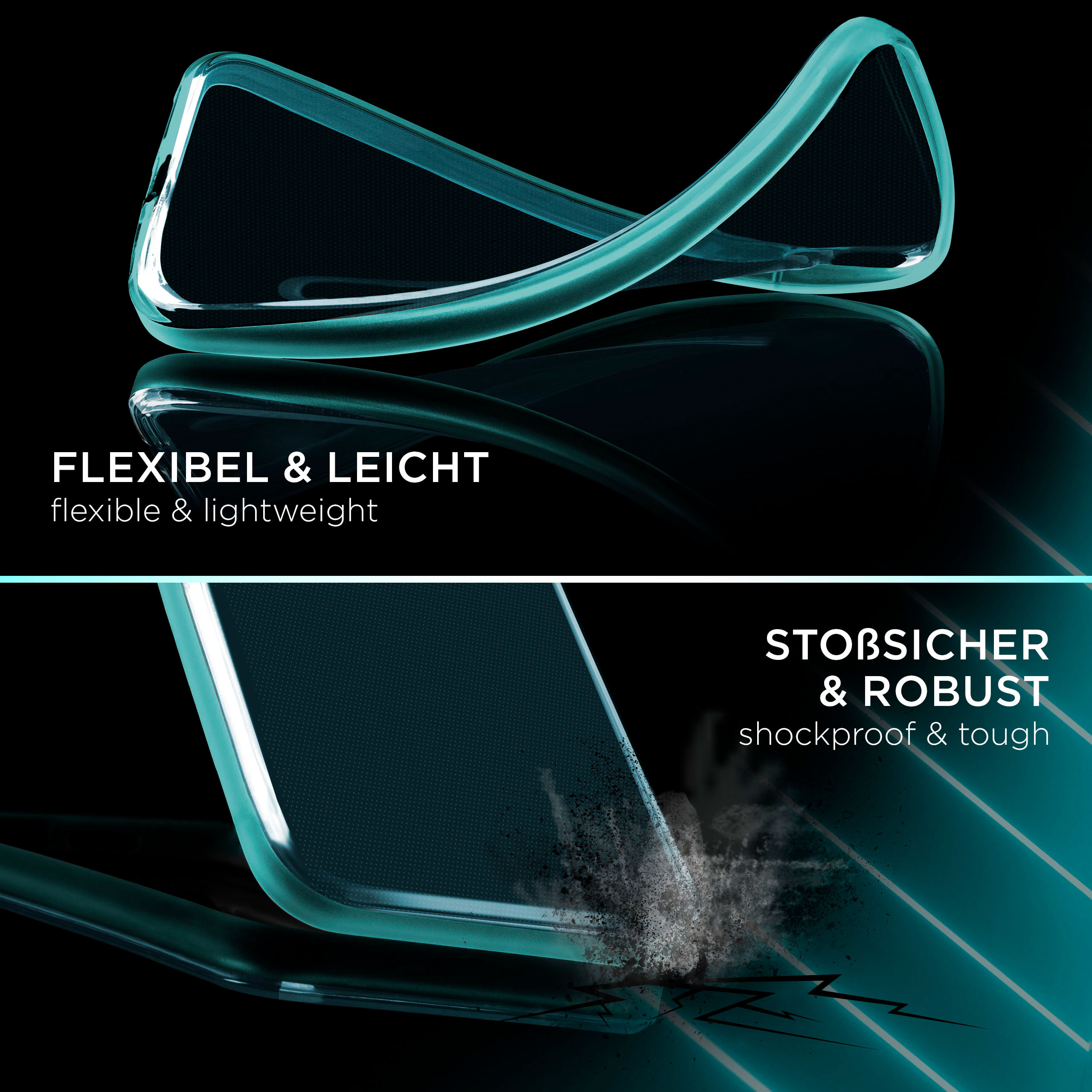 Transparente Handyhülle, mit Text 'flexibel & leicht' und 'stoßfest & robust'.