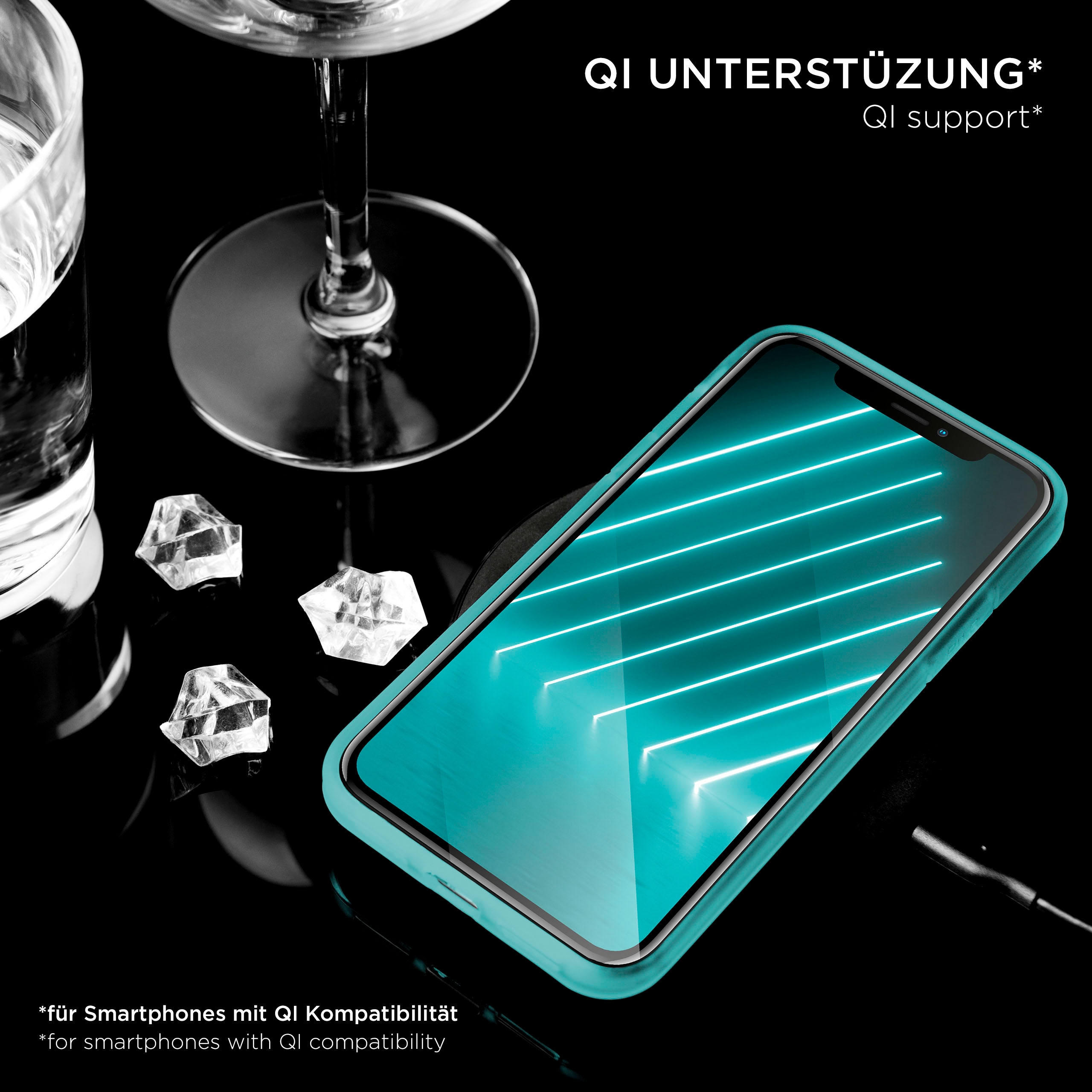 Telefon mit tealfarbenem Gehäuse, neben Glas, Eis und schwarzer Oberfläche. Das Telefon zeigt blaue Lichter.