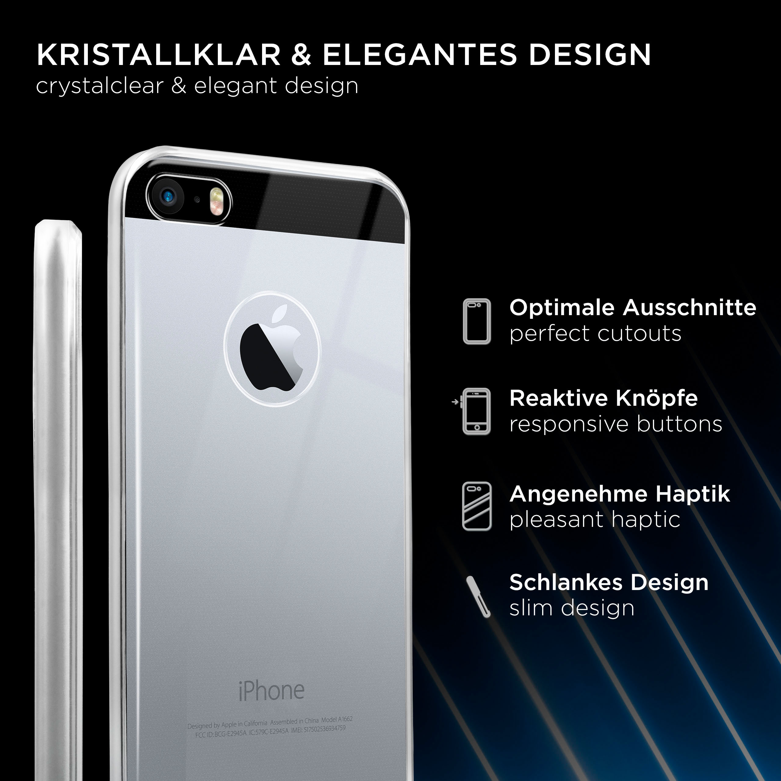 Silbernes iPhone, transparente Hülle, perfekte Aussparungen, reaktionsschnelle Tasten, schlankes Design.