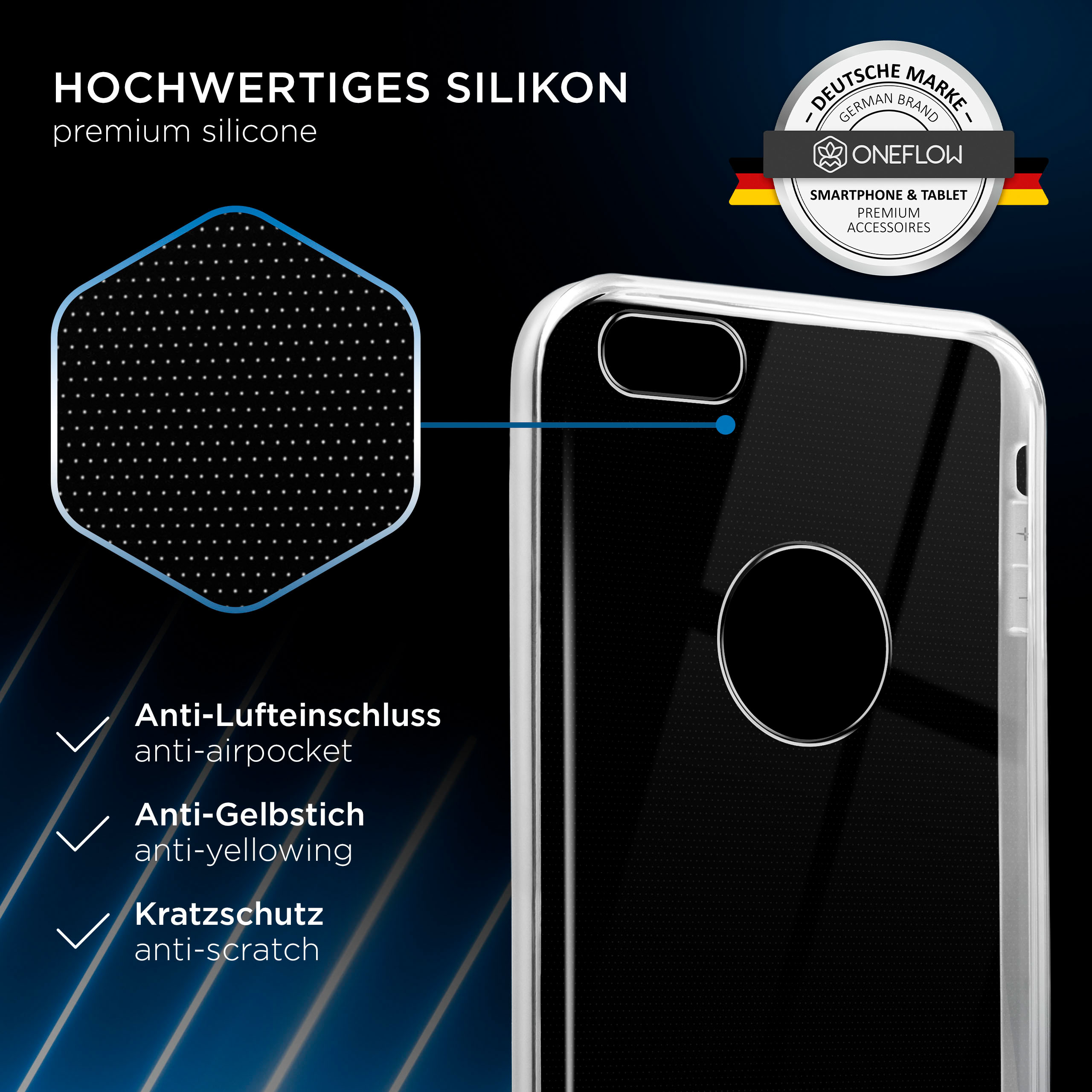 Eine transparente Handyhülle mit den Eigenschaften Silikon, Anti-Luftblasen, Anti-Vergilbung und Anti-Kratzer.