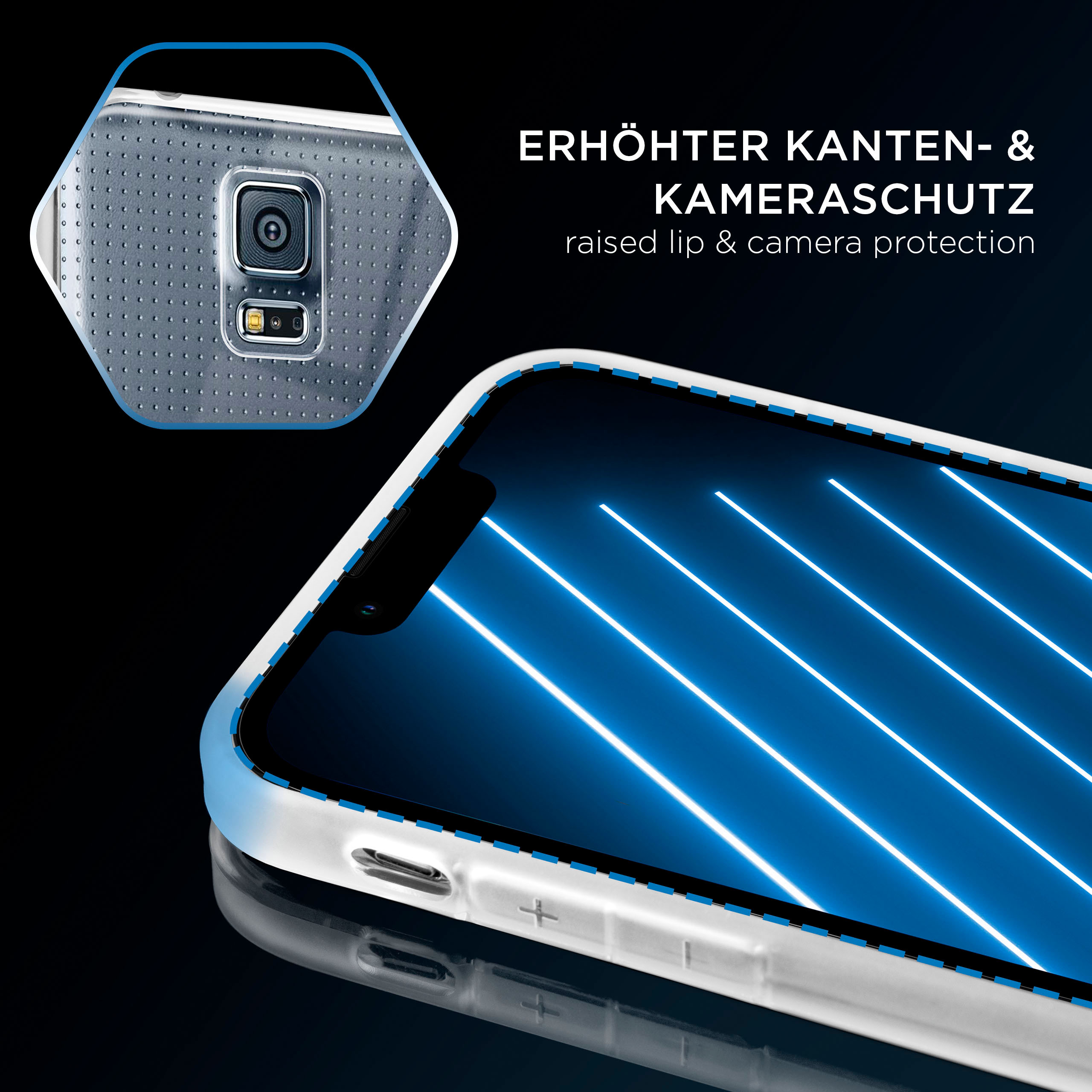 Handyhülle mit erhöhtem Lippenschutz, Telefonbildschirm sichtbar. Sechseck zeigt Kameradetails. Schwarzer Hintergrund.