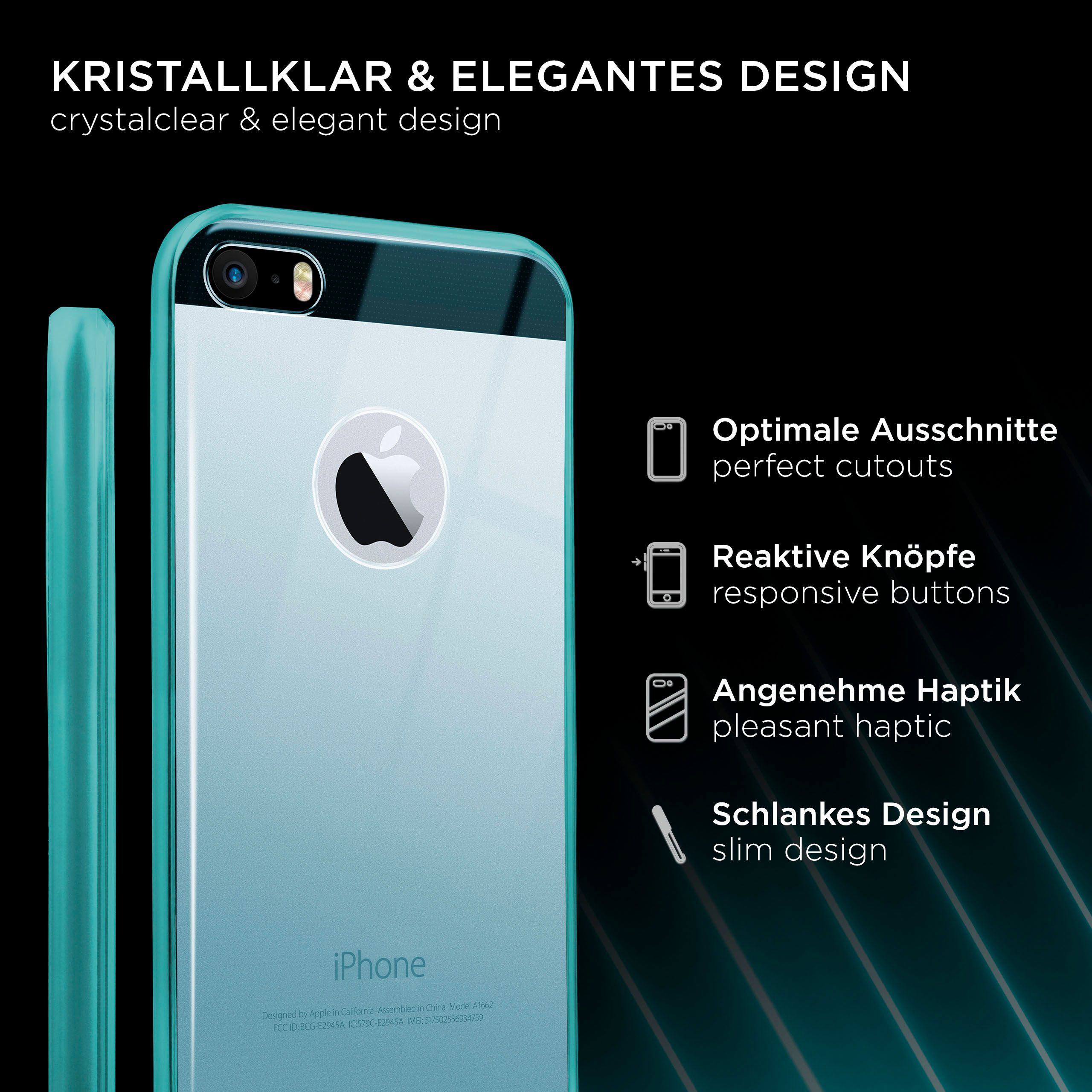 Eine Handyhülle in Türkis mit transparentem Rücken. Es zeigt das Logo des Telefons.