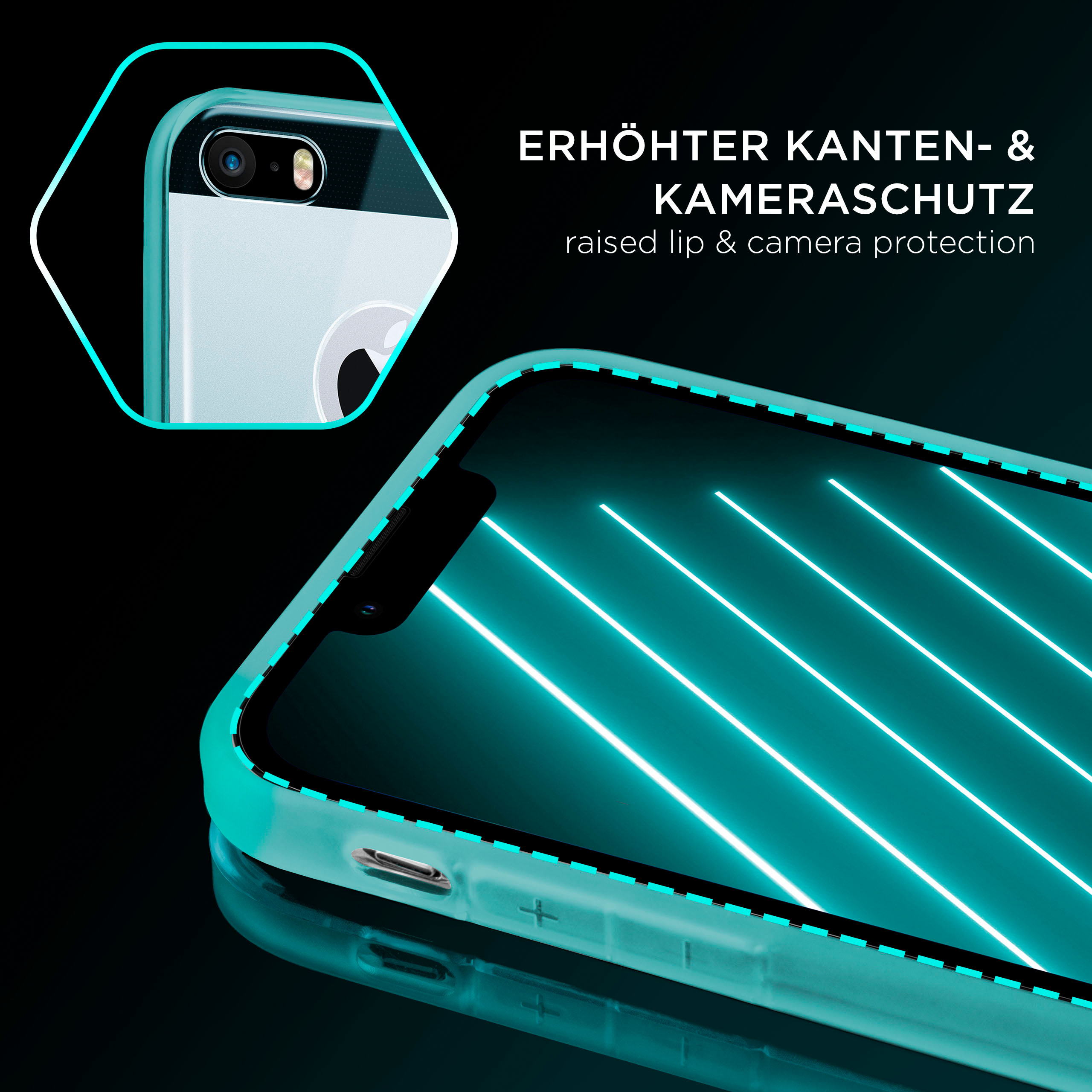 Teilweise transparente Handyhülle, die Bildschirm und Kamera schützt. Erhöhte Kanten schützen.