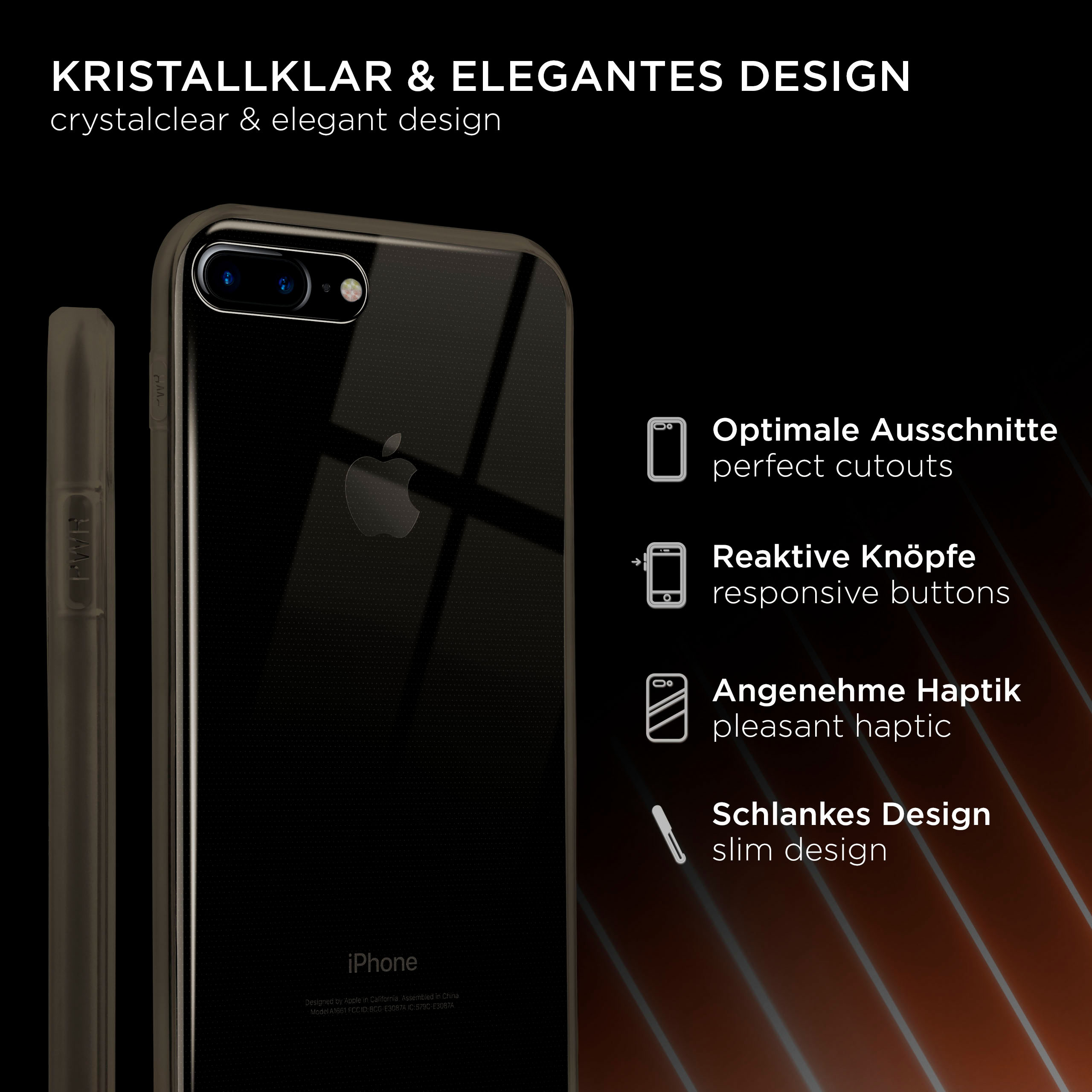 Schwarzes iPhone mit klarer Hülle, das das Design und die Funktionen des Telefons zeigt.