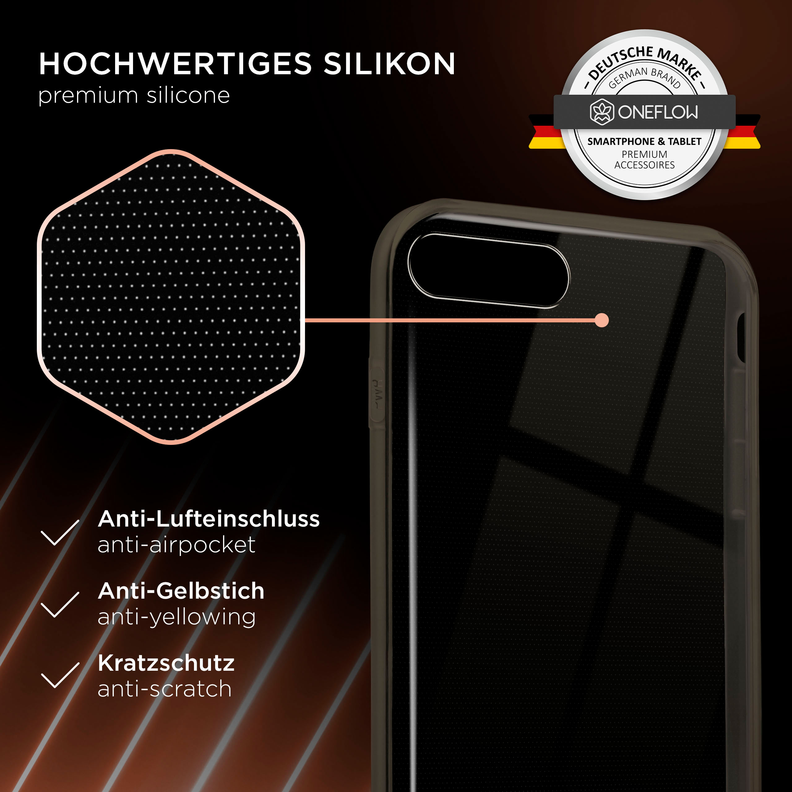 Handyhülle, dunkel mit Text. Schwarzer Hintergrund.