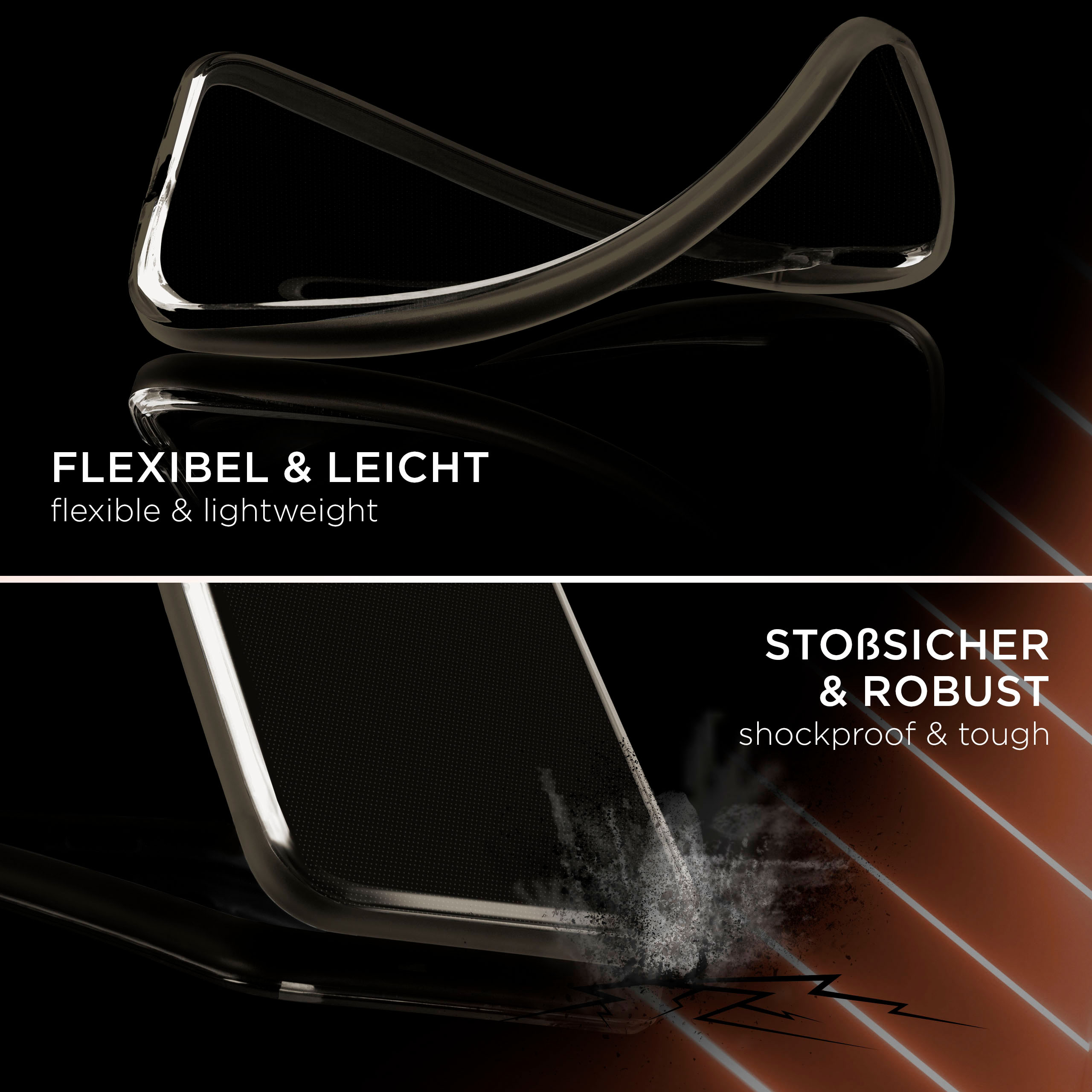 Flexible und leichte Handyhülle. Der Text lautet flexibel & leicht, stoßfest & robust.