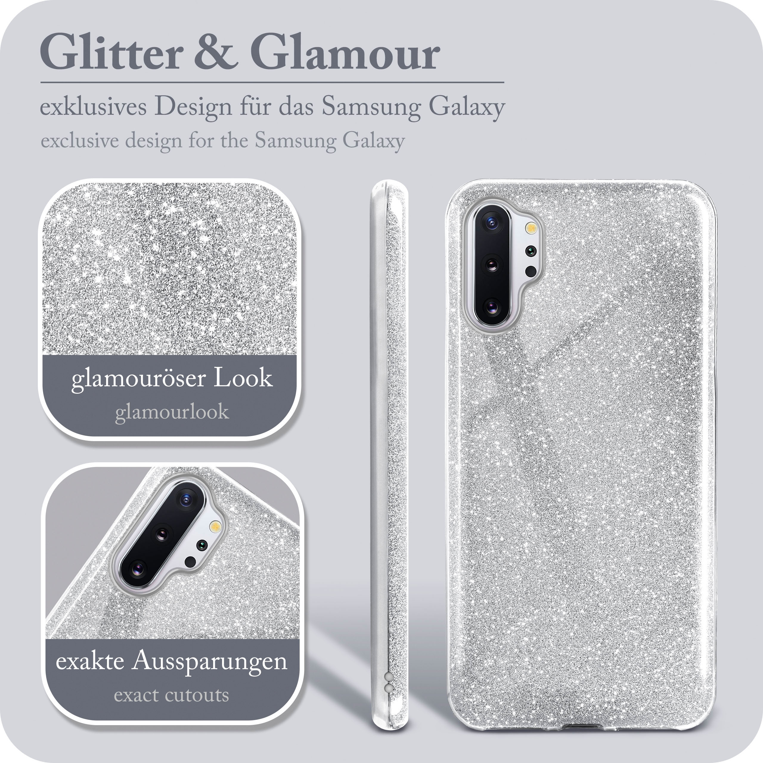 Silber glitzernde Handyhülle mit Aussparungen und Nahaufnahme.