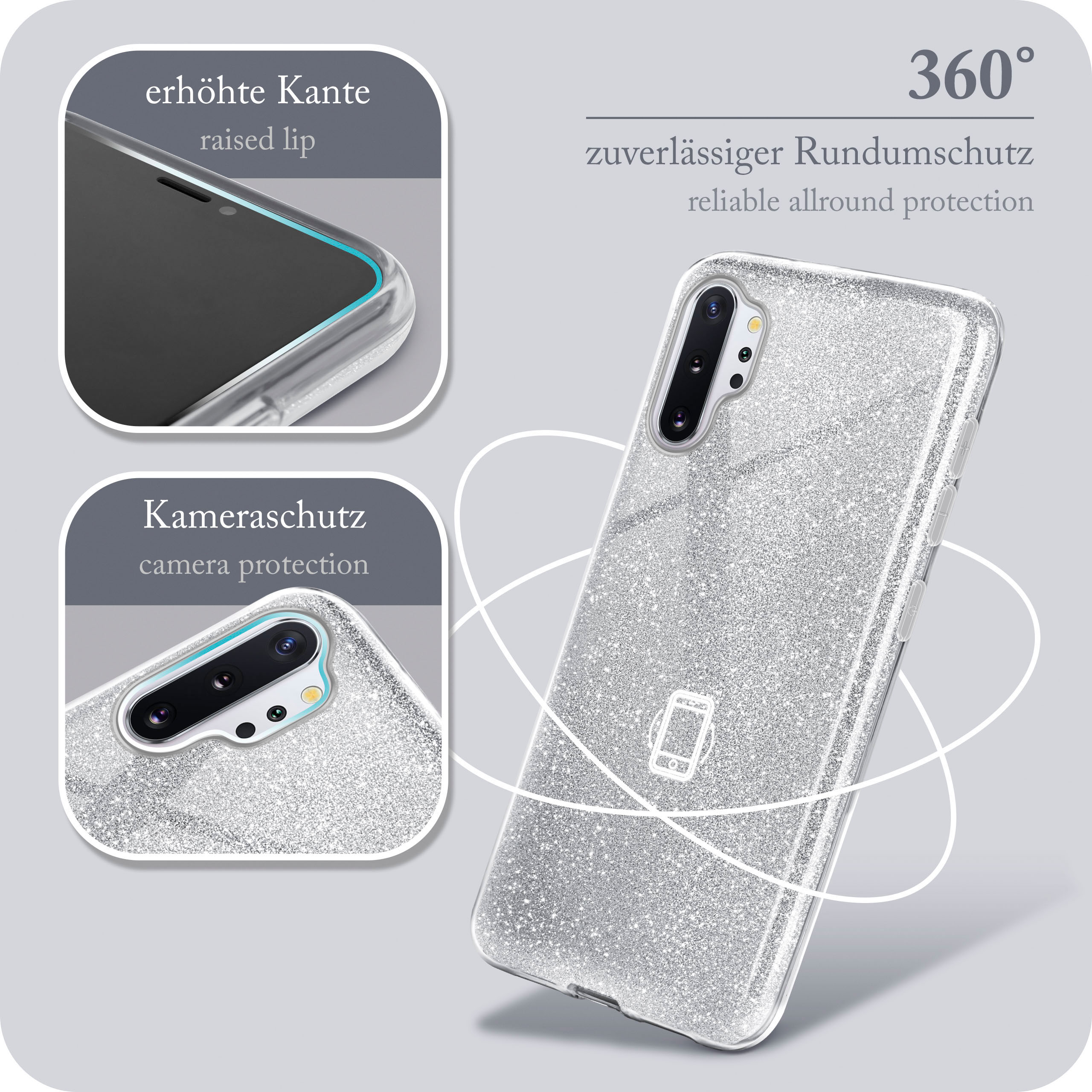 Silberne Handyhülle mit Glitzer, Nahaufnahmen des Telefons mit Funktionen.