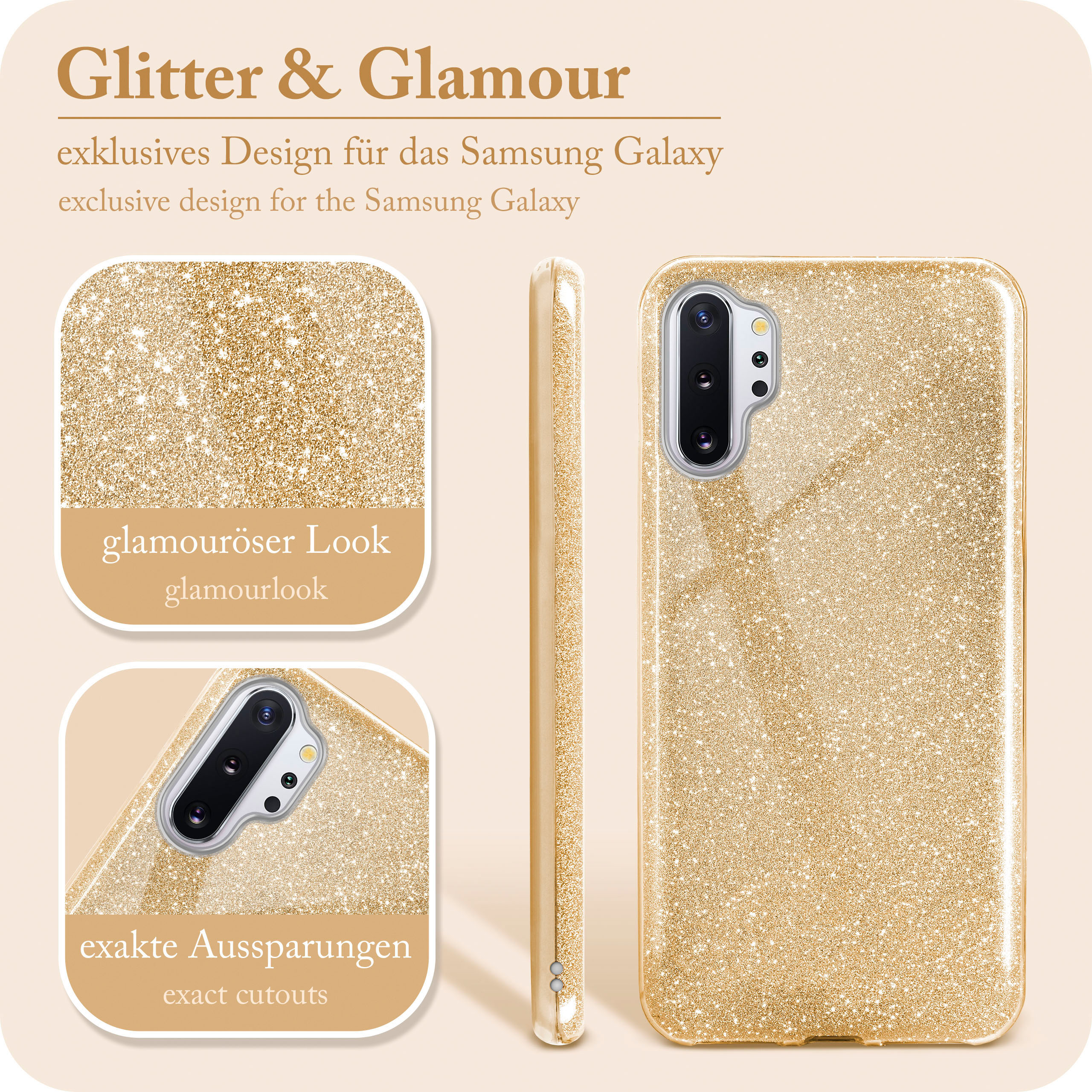 Goldglitzer-Handyhülle mit Nahansichten und Designinformationen.