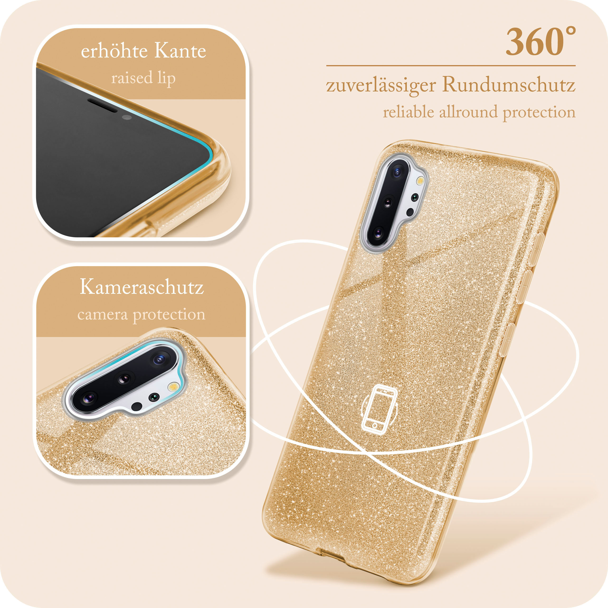 Goldene Handyhülle mit Handy, Text drumherum. Kamera- und Bildschirmdetails werden gezeigt.