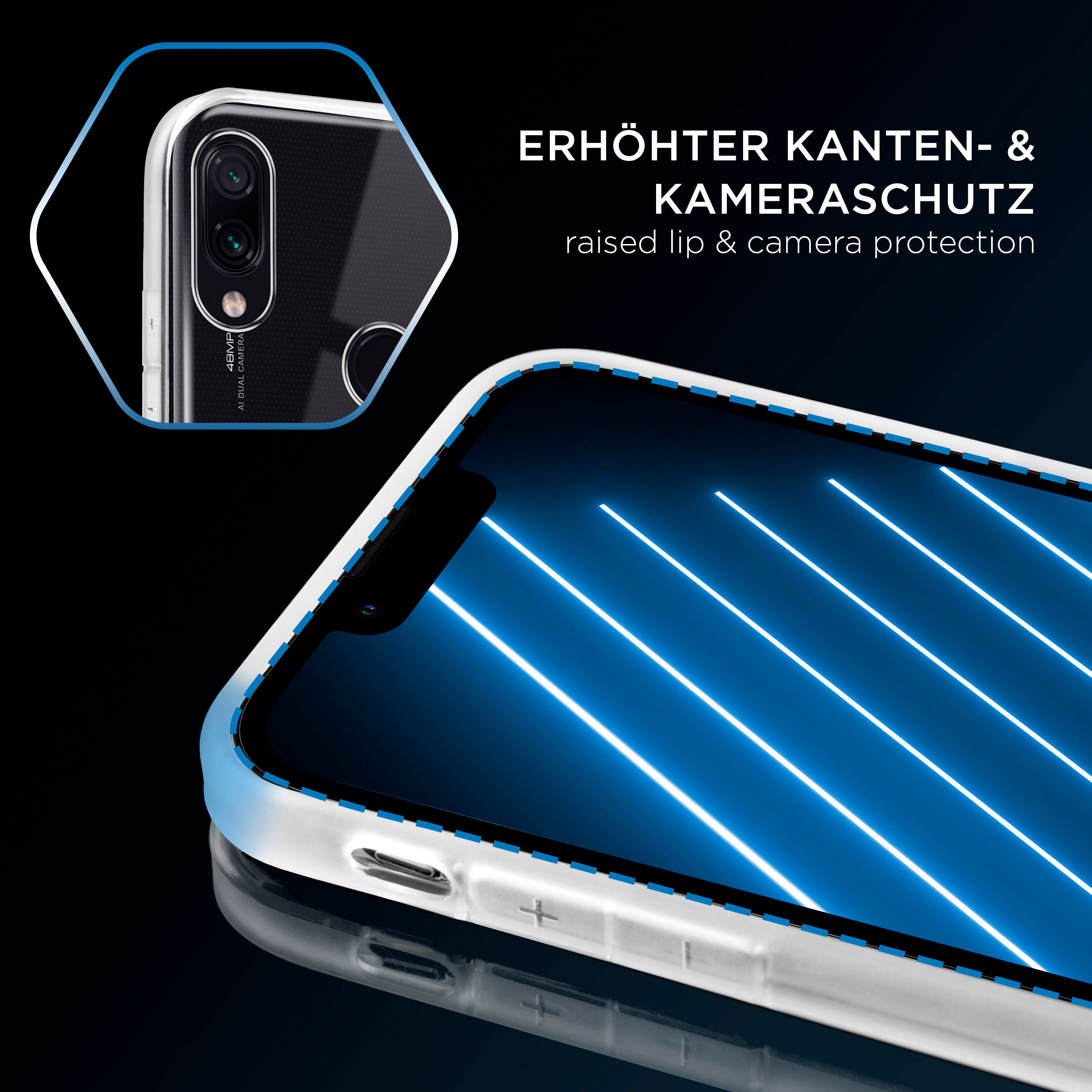 Telefonbildschirm mit blauen Linien. Schutzhülle hat erhöhten Rand & Kameraschutz.