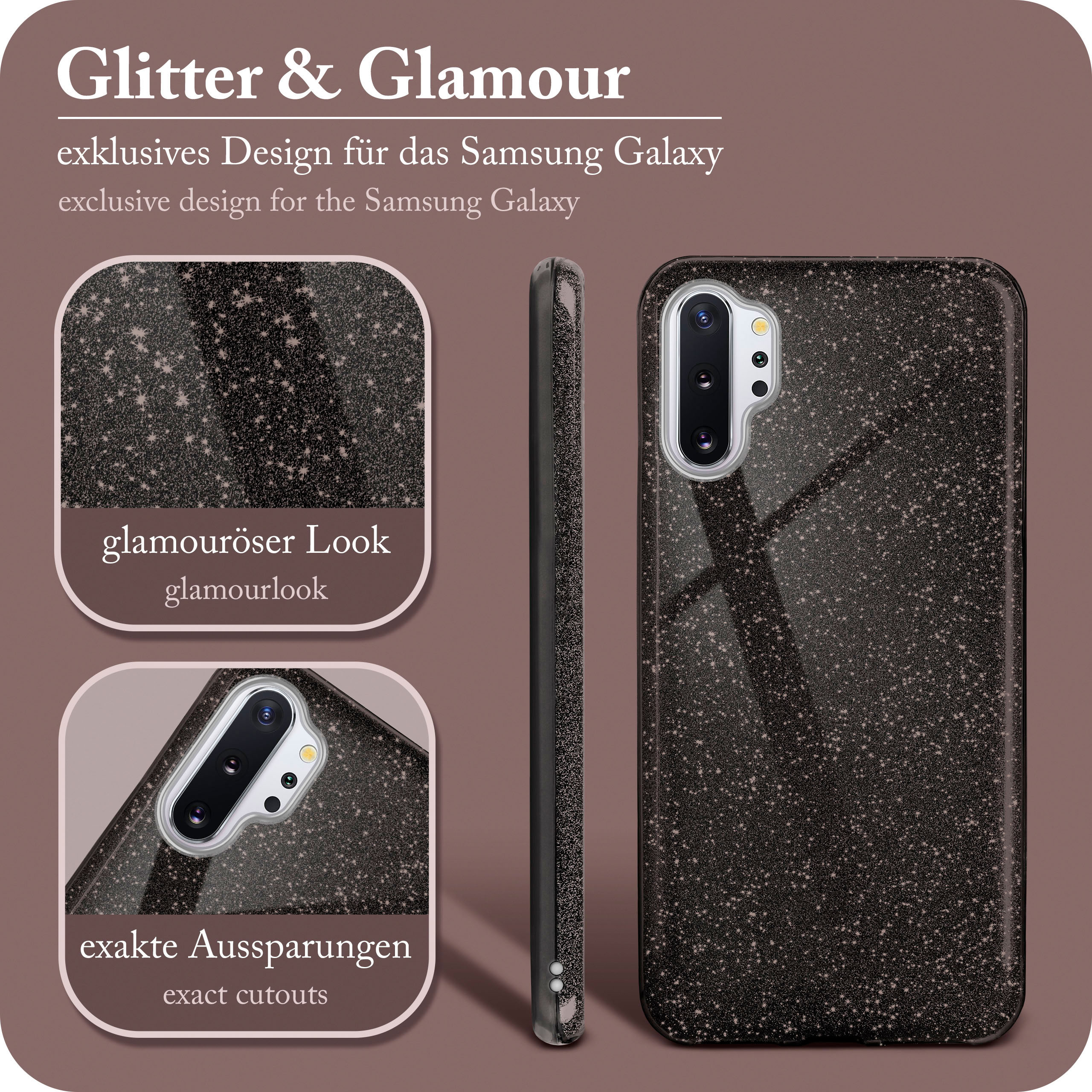 Glitzer- und Glamour-Handyhülle in Braun. Drei Ansichten: vorne, Seite und Nahaufnahme des Kameraausschnitts.