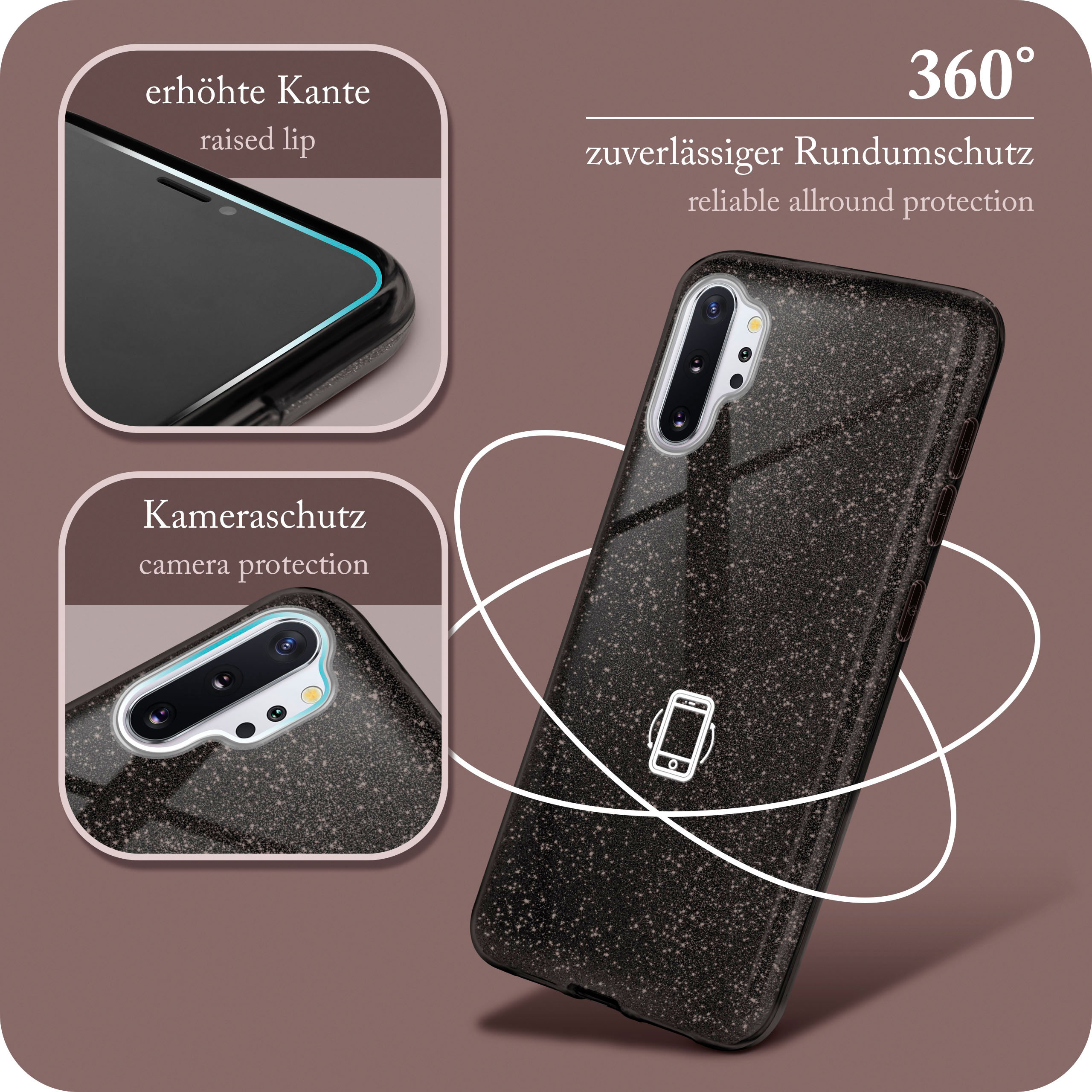 Schwarze Handyhülle mit Glitzereffekt. Die Hülle schützt die Kamera und hat erhöhte Kante.
