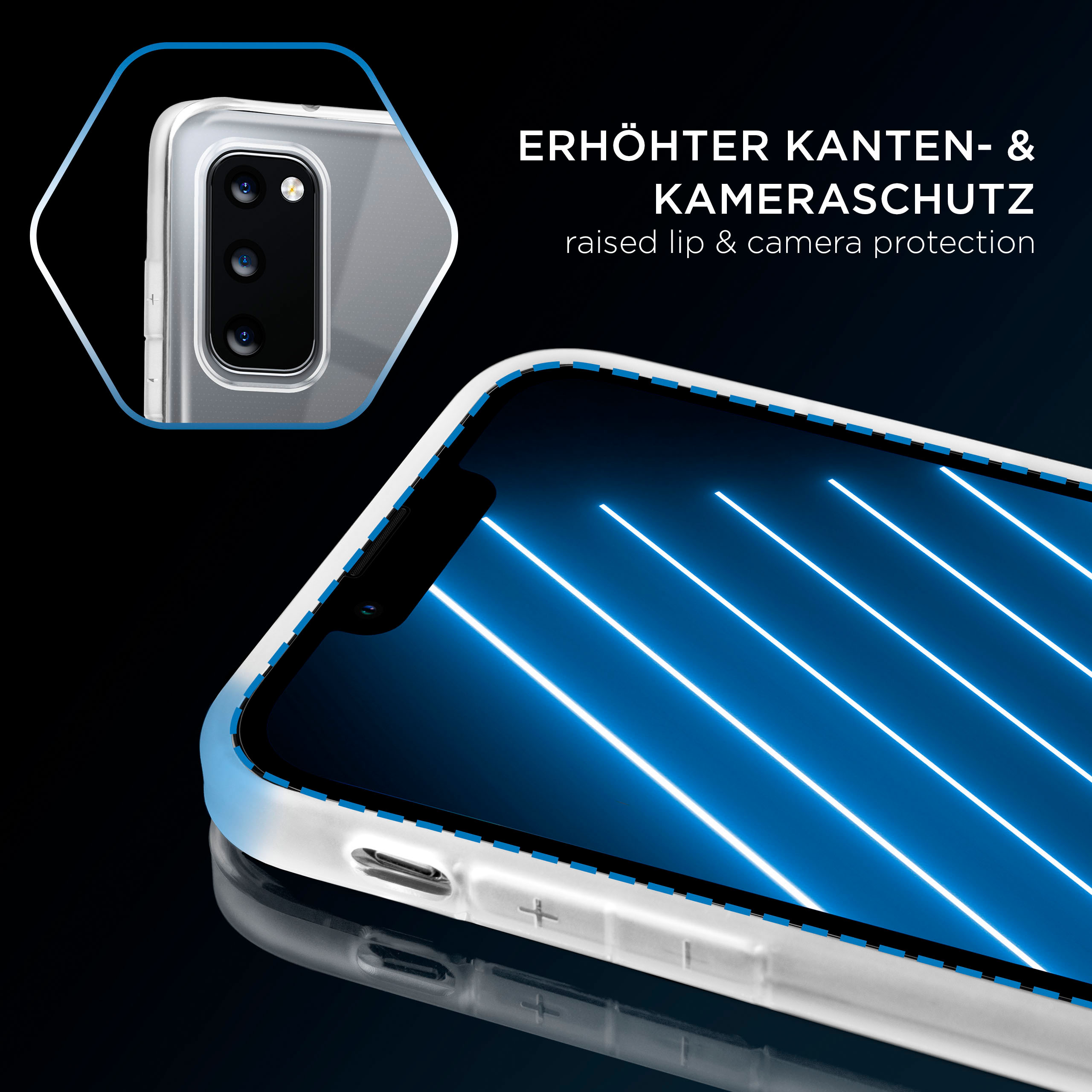 Transparente Handyhülle mit erhöhten Kanten, Telefonbildschirm sichtbar. Text: Erhöhter Kanten- & Kameraschutz.
