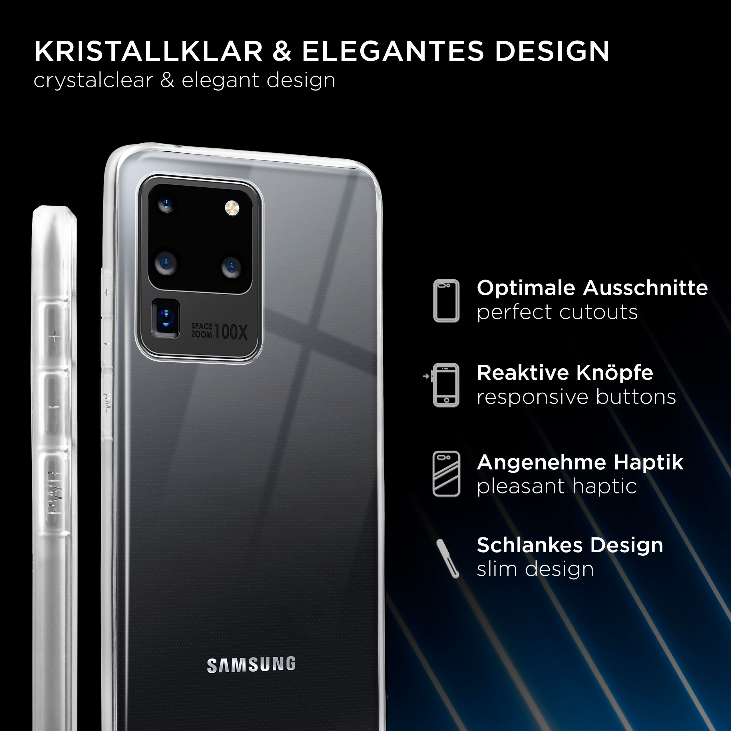 Handyhülle auf einem Telefon. Schwarze Hülle, weißer Hintergrund. Text rechts über die Hülle.