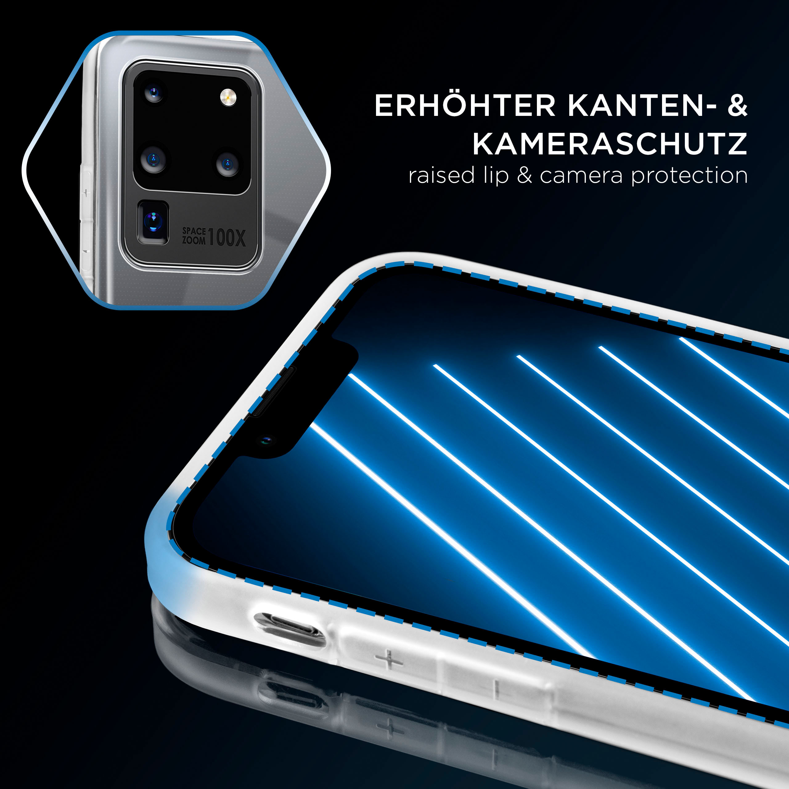 Handyhülle mit erhöhtem Rand für Kameraschutz, präsentiert auf einem Telefon mit neonblauem Bildschirm.