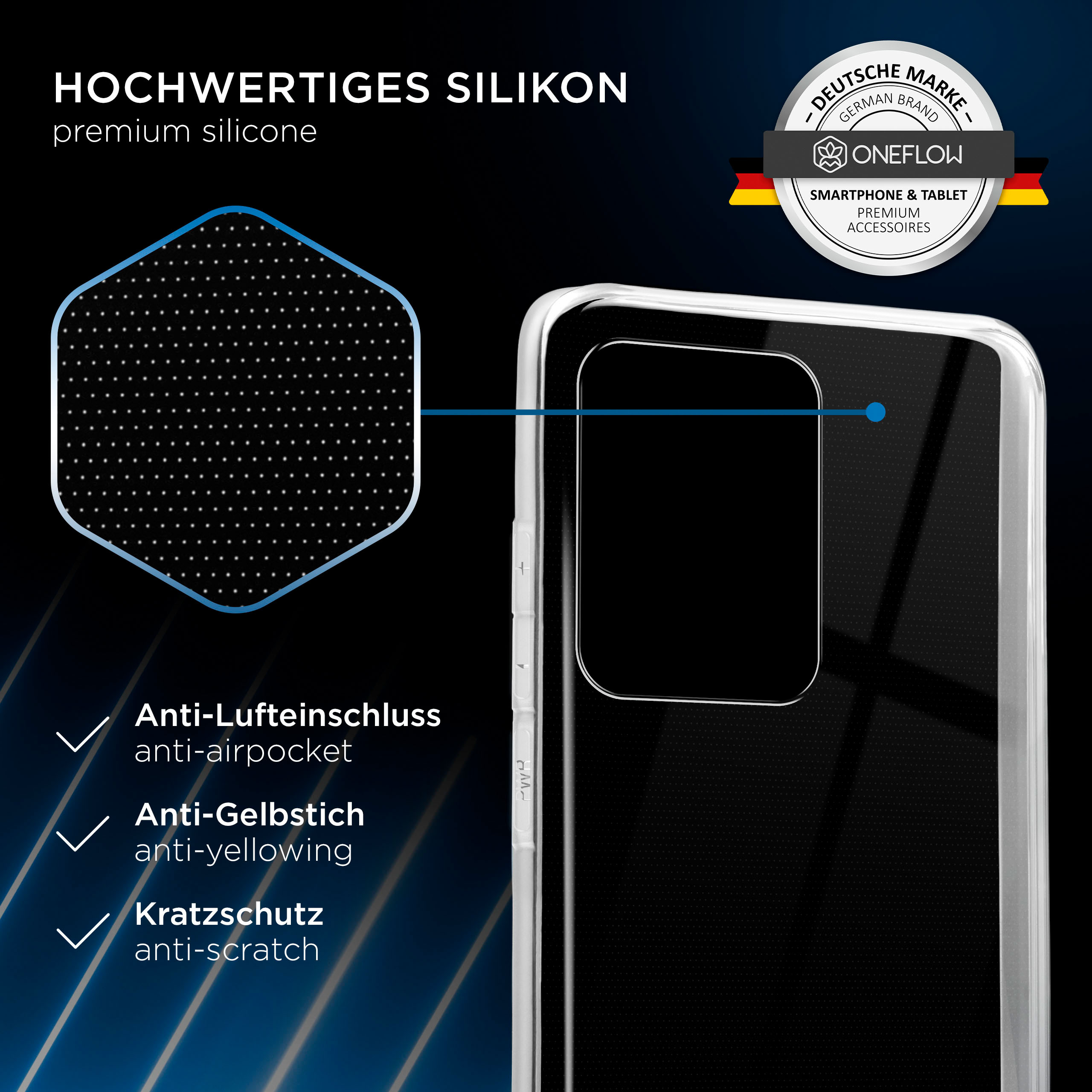 Transparente Handyhülle mit schwarzem Kamerabereich, weißer Hintergrund. Text über Funktionen.