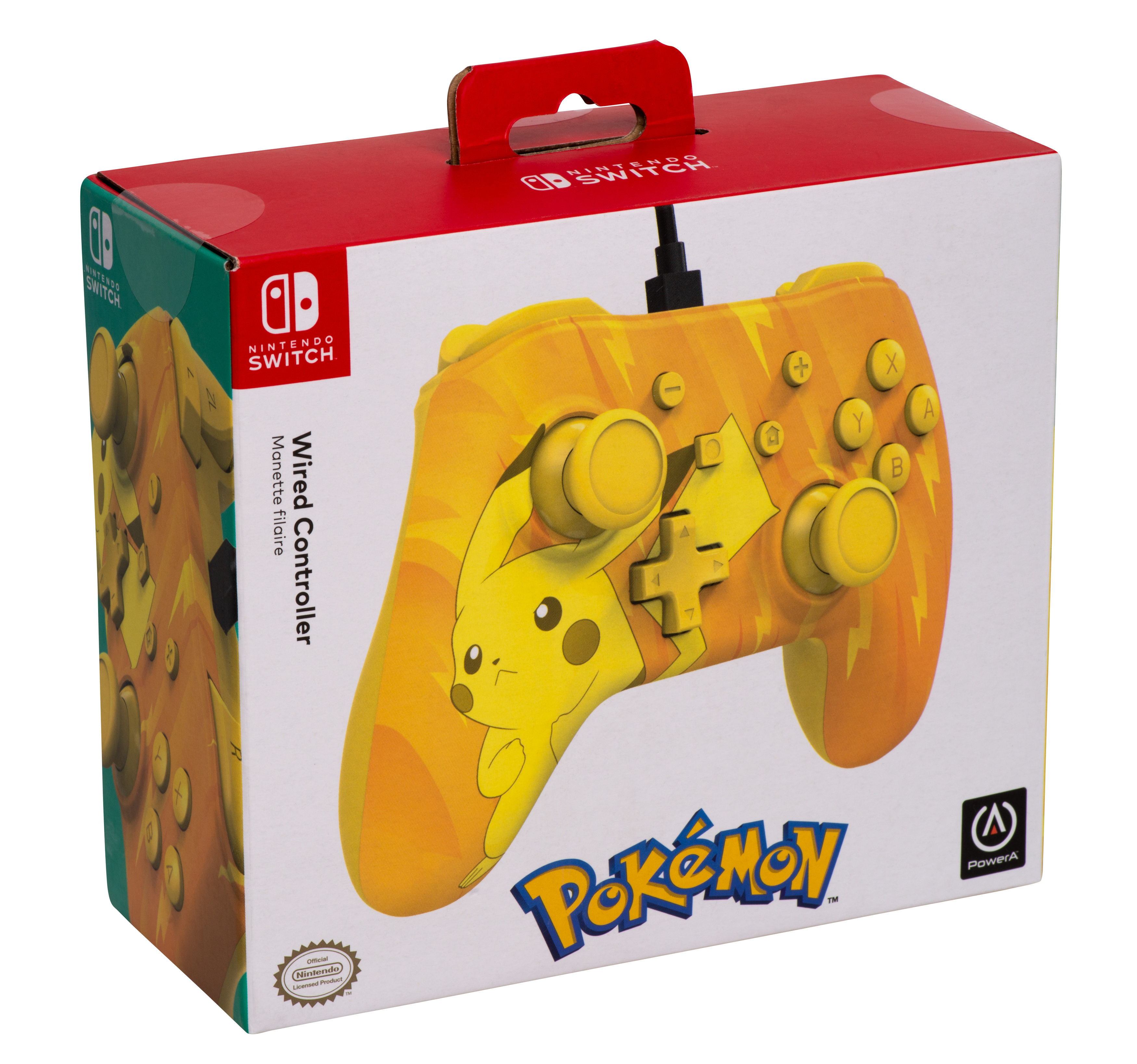 Pudełko kontrolera Nintendo Switch. Żółty design Pikachu. Marka Pokemon.