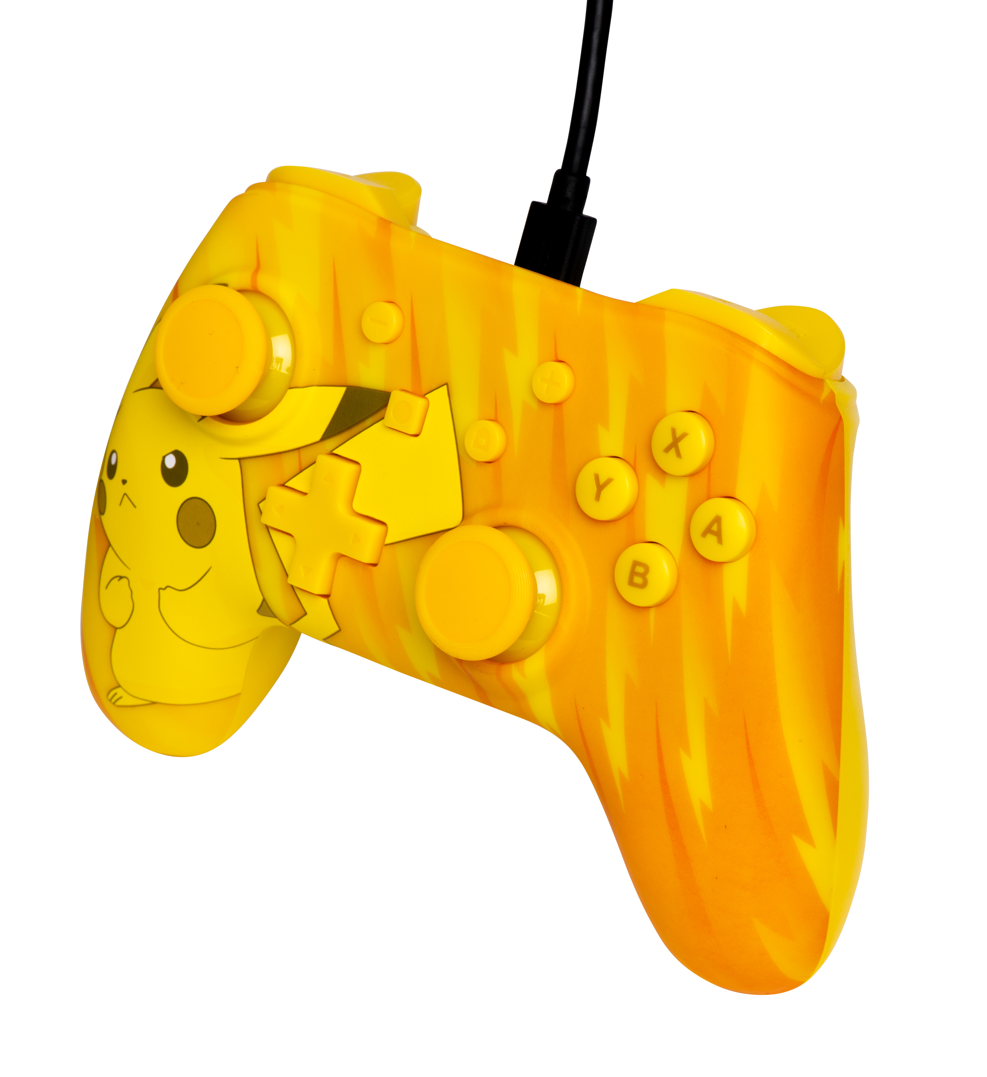 Żółto-pomarańczowy kontroler w stylu Pikachu z przyciskami i czarnym kablem.