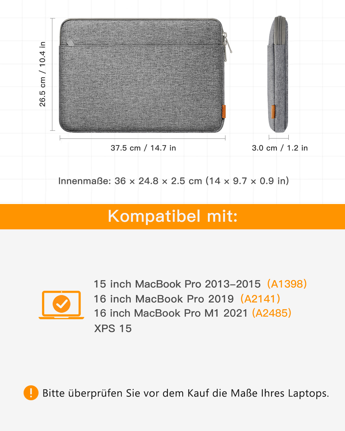 INATECK Laptoptasche Hülle für 16 Zoll Microsoft Apple, HP grau 2/XPS Surface Polyester, für Pro, Surface 15 Pro/15 Sleeve Notebooktasche MacBook Lenovo, Book Zoll