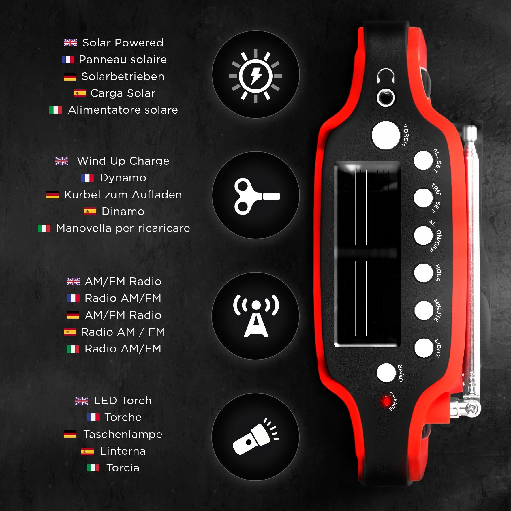Schwarzes und rotes Radio mit Solarpanelen und Knöpfen. Symbole für Solar-, Wind-, Radio- und Lichtfunktionen.