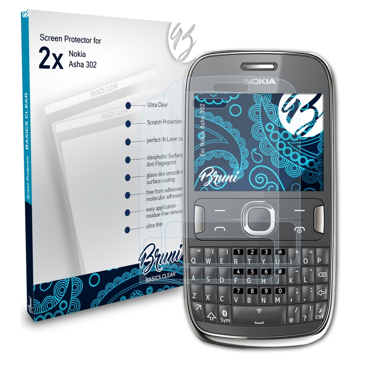 Nokia 302) Schutzfolie(für Asha 2x Basics-Clear BRUNI
