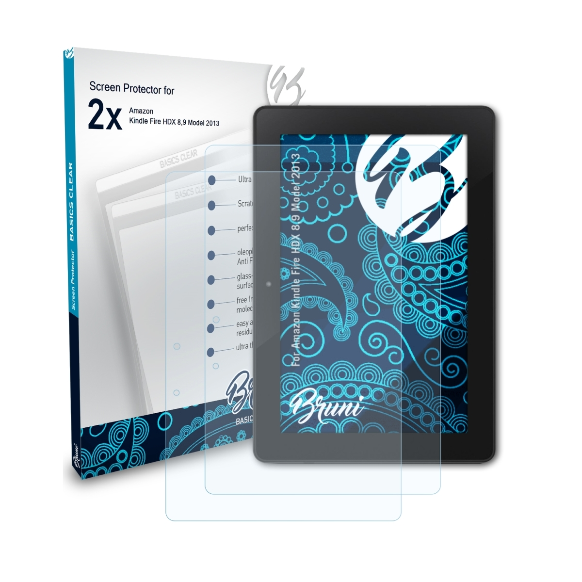 BRUNI 2x Basics-Clear Schutzfolie(für Amazon Kindle HDX 2013)) 8,9 Fire (Model