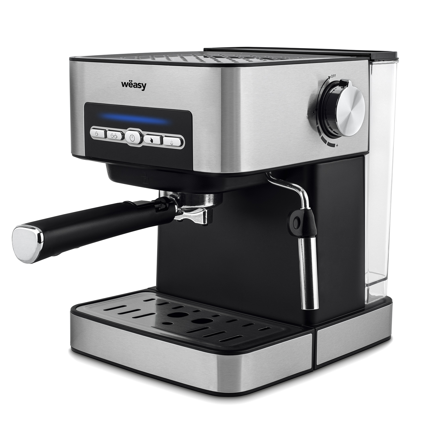 Eine silberne und schwarze Espressomaschine auf weißem Hintergrund.