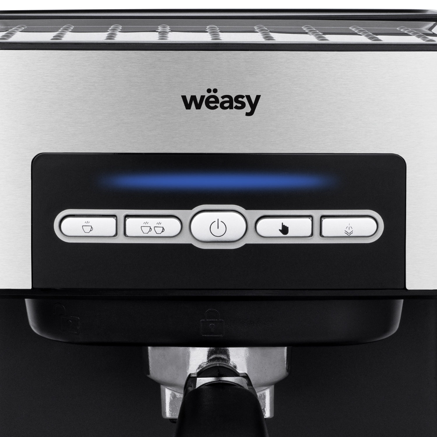 Nahaufnahme einer Kaffeemaschine mit Knöpfen und dem Markennamen 'wëasy' oben.