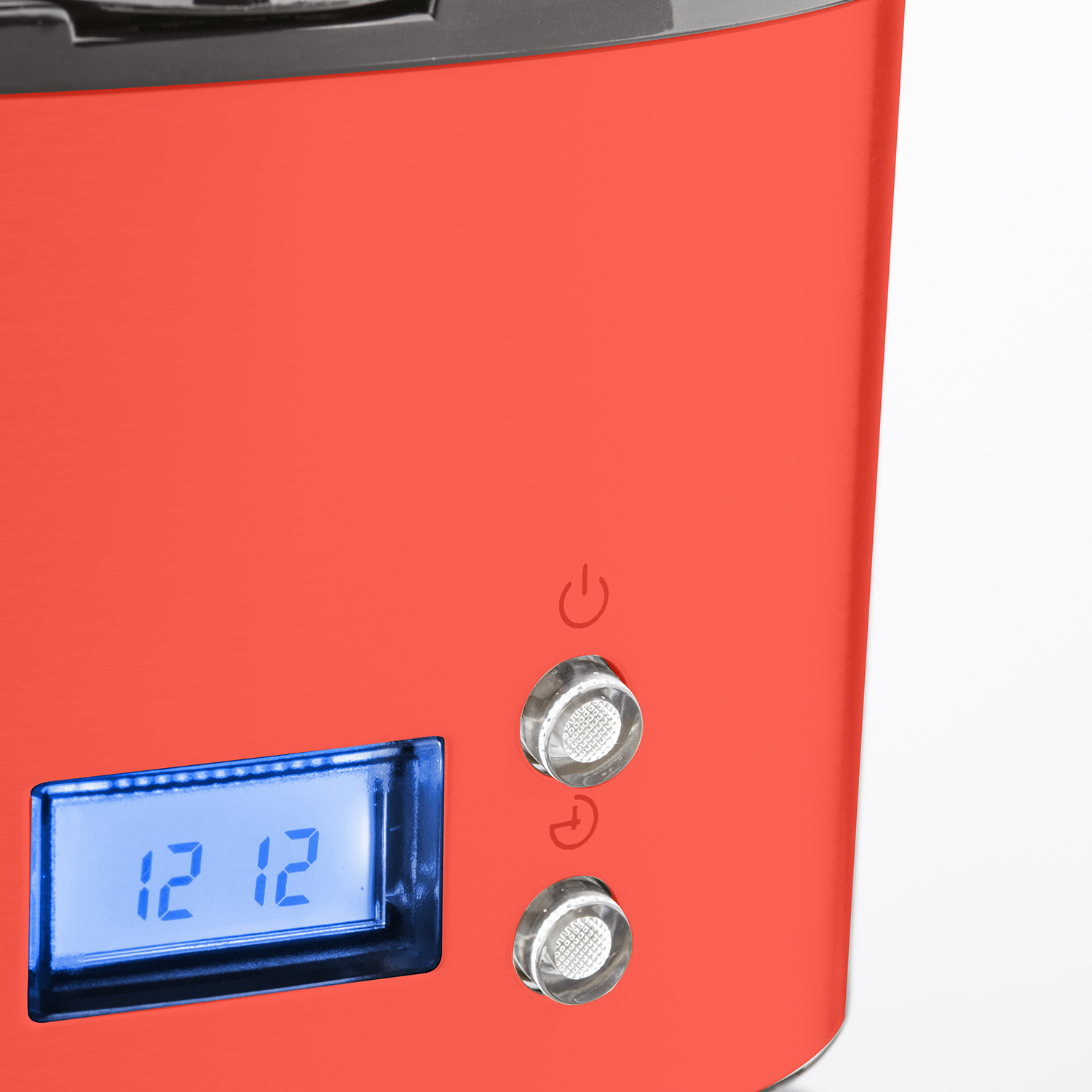 Zbliżenie czerwonego urządzenia z niebieskim wyświetlaczem pokazującym '12 12' i dwa przyciski.