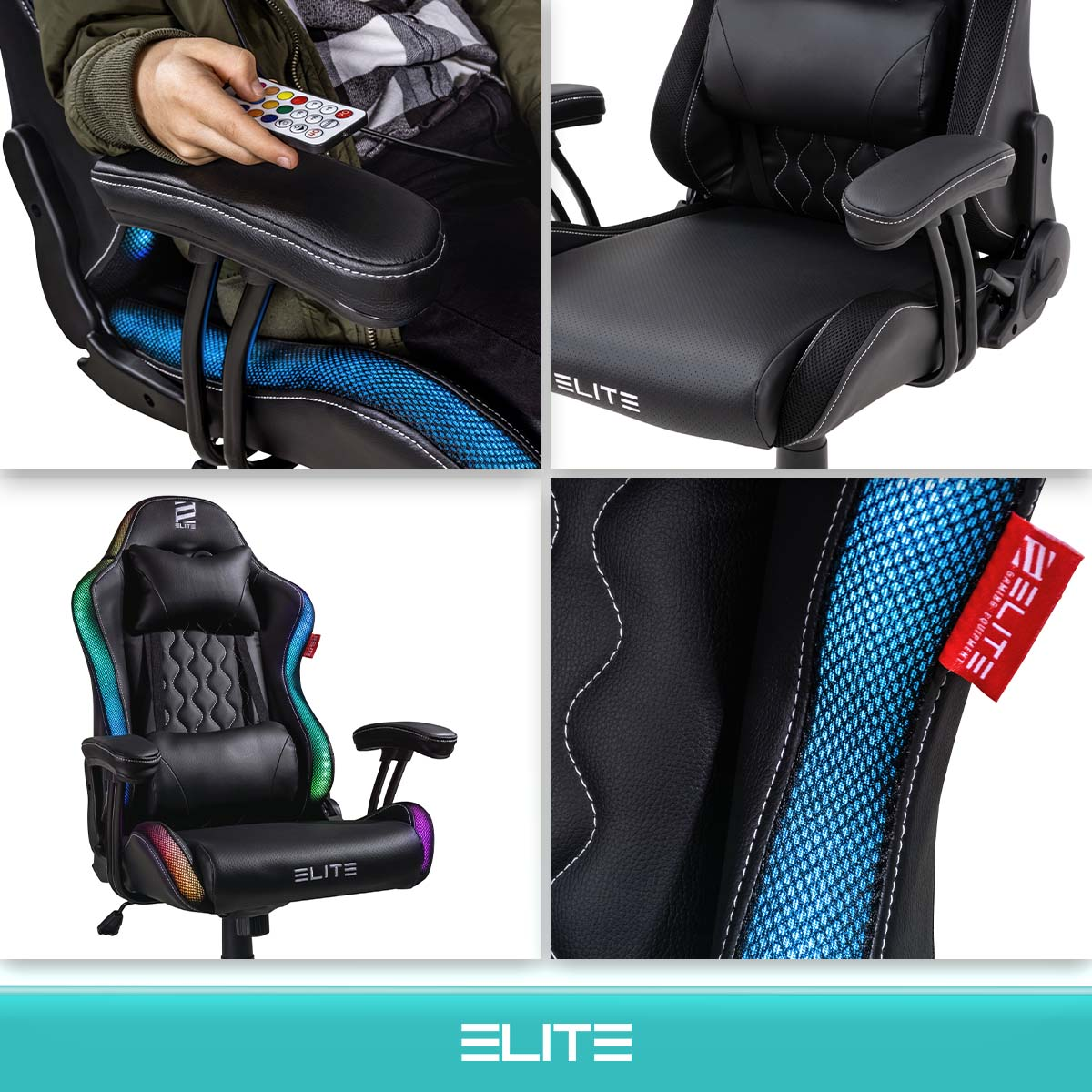 Gaming-Stuhl mit mehreren Ansichten. Enthält RGB-Beleuchtung und Armlehne mit Bedienelementen.