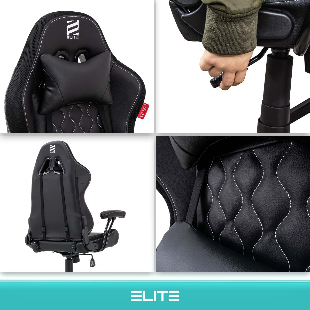 Gaming-Stuhl mit schwarzem Leder, weißen Nähten und Kopfstütze. Detaillierung und Einstellung.