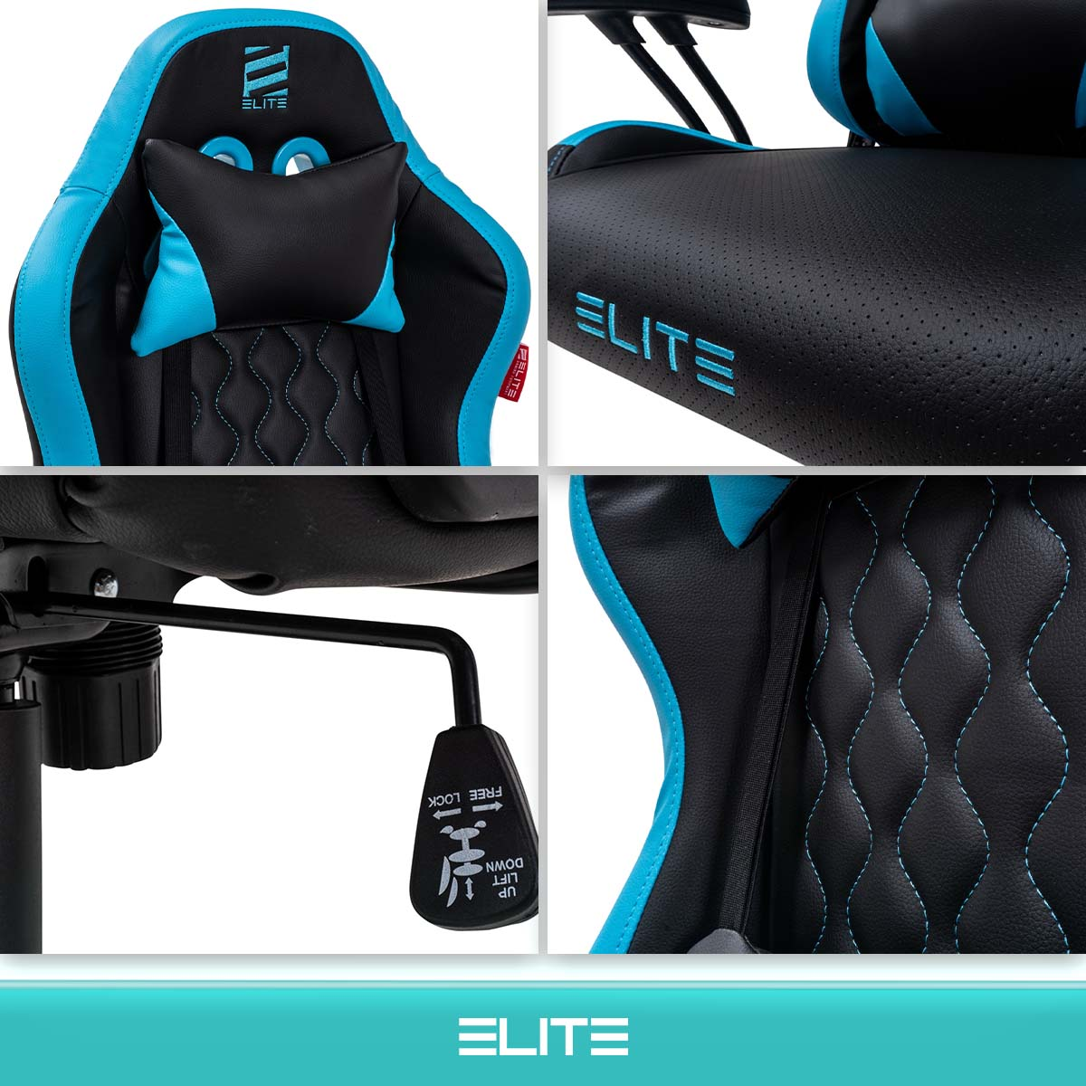 Nahaufnahmen eines blau-schwarzen Gaming-Stuhls, die Details des Designs und der Merkmale zeigen.